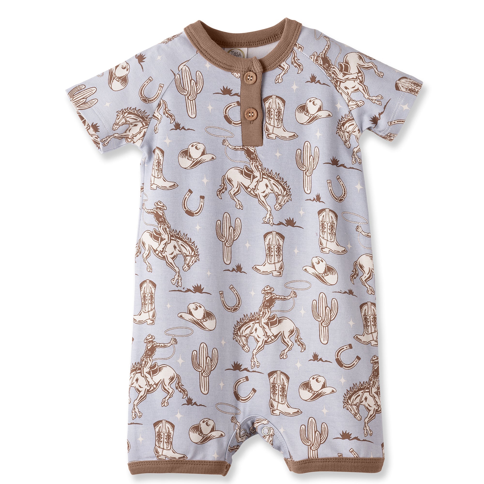 Wild Wrangler/blue Western Bamboo Shorty Romper For Boys