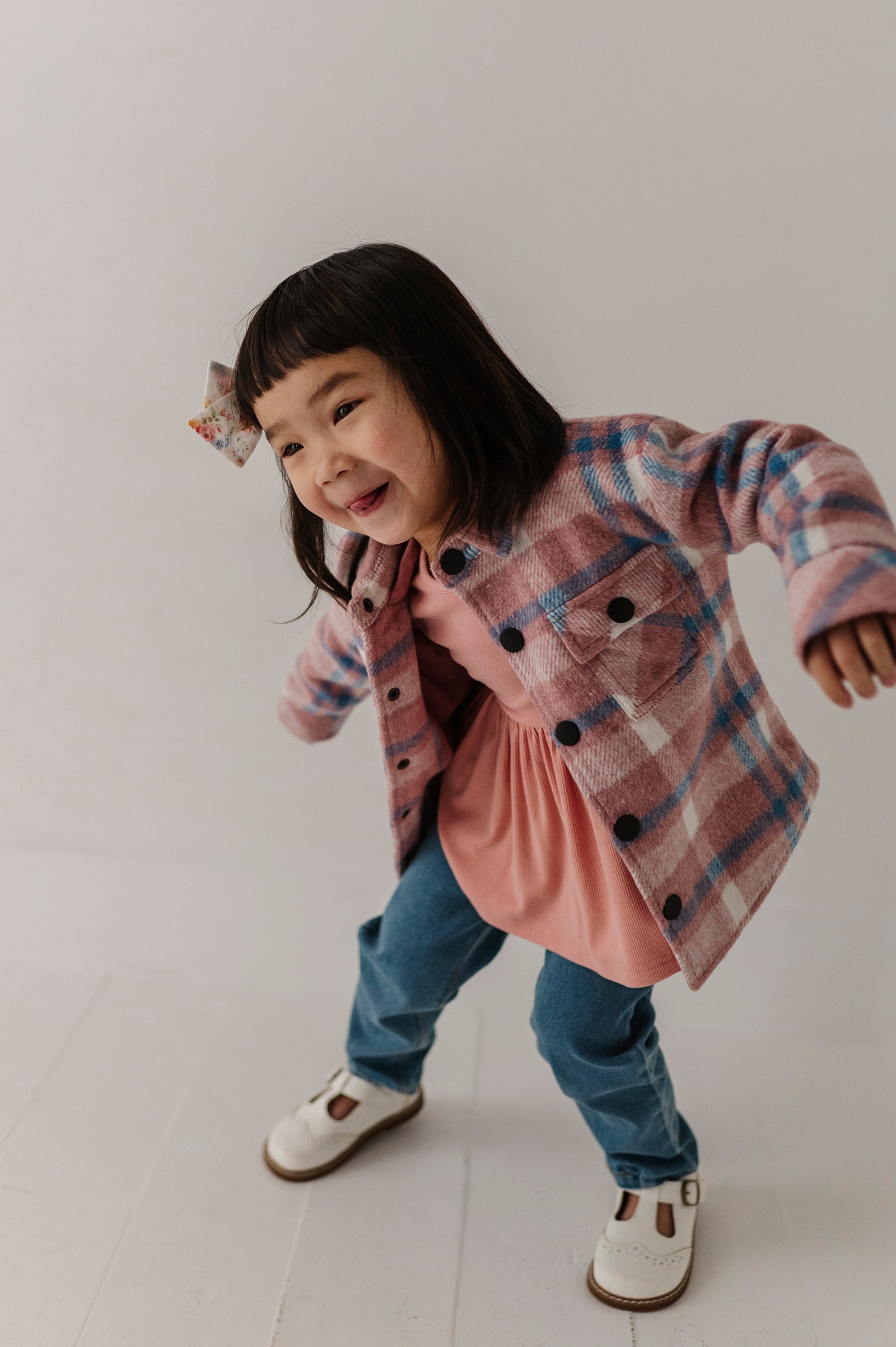 Kids Hooded Shacket In Pink Blue Plaid