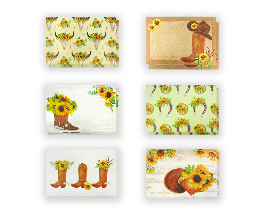 Sunflower Cowboy Boots Western - 36 Pack Assorted Greeting Cards For All Occasions - 6 Design
