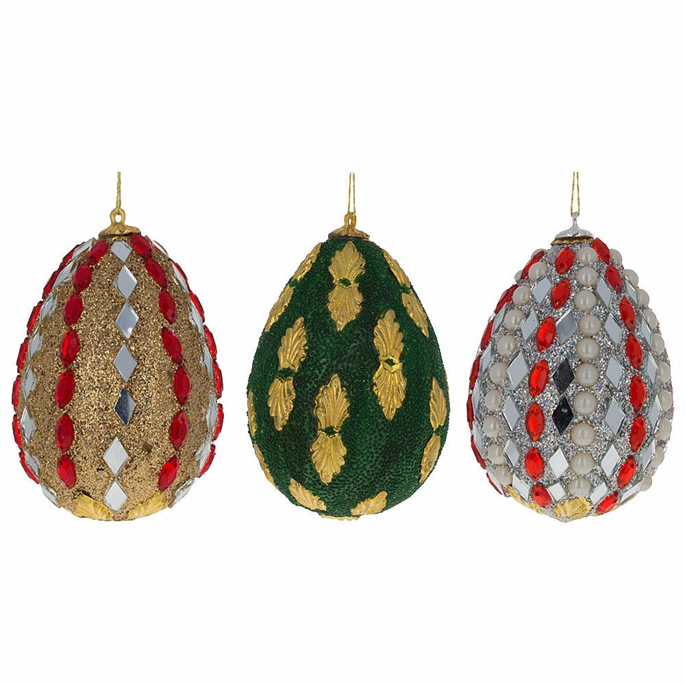 Set Of 3 Mirrored And Golden Metal Leaf Wooden Egg Ornaments 3 Inches