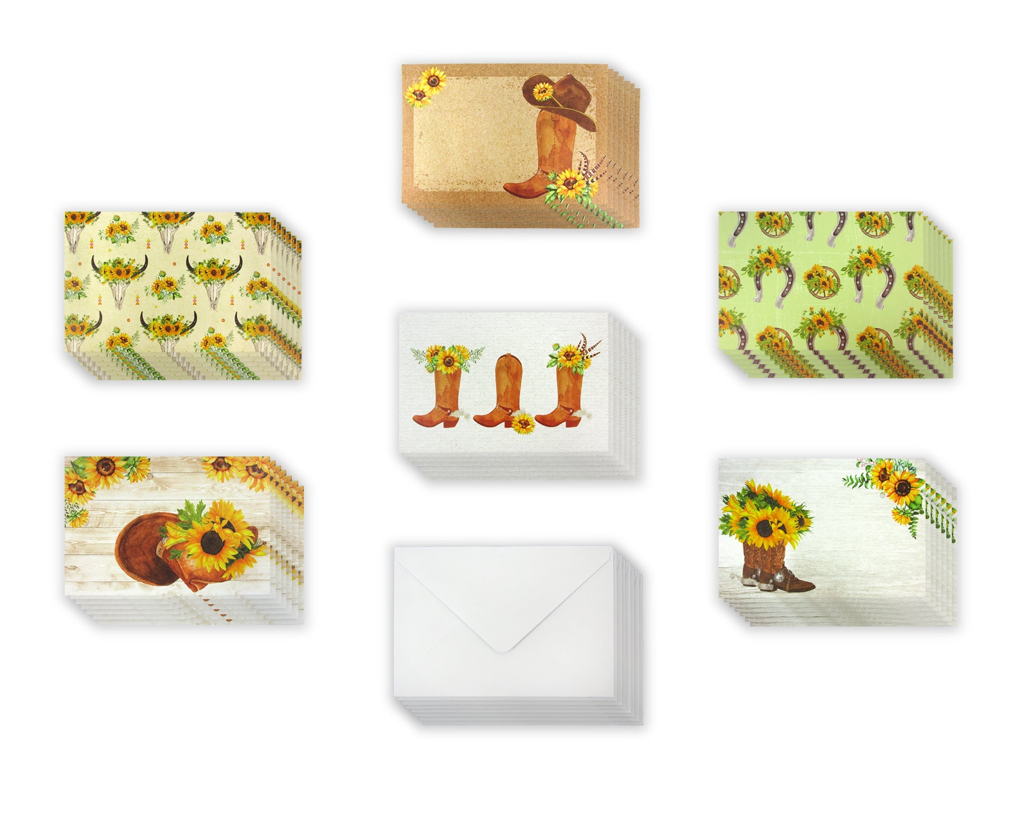 Sunflower Cowboy Boots Western - 36 Pack Assorted Greeting Cards For All Occasions - 6 Design