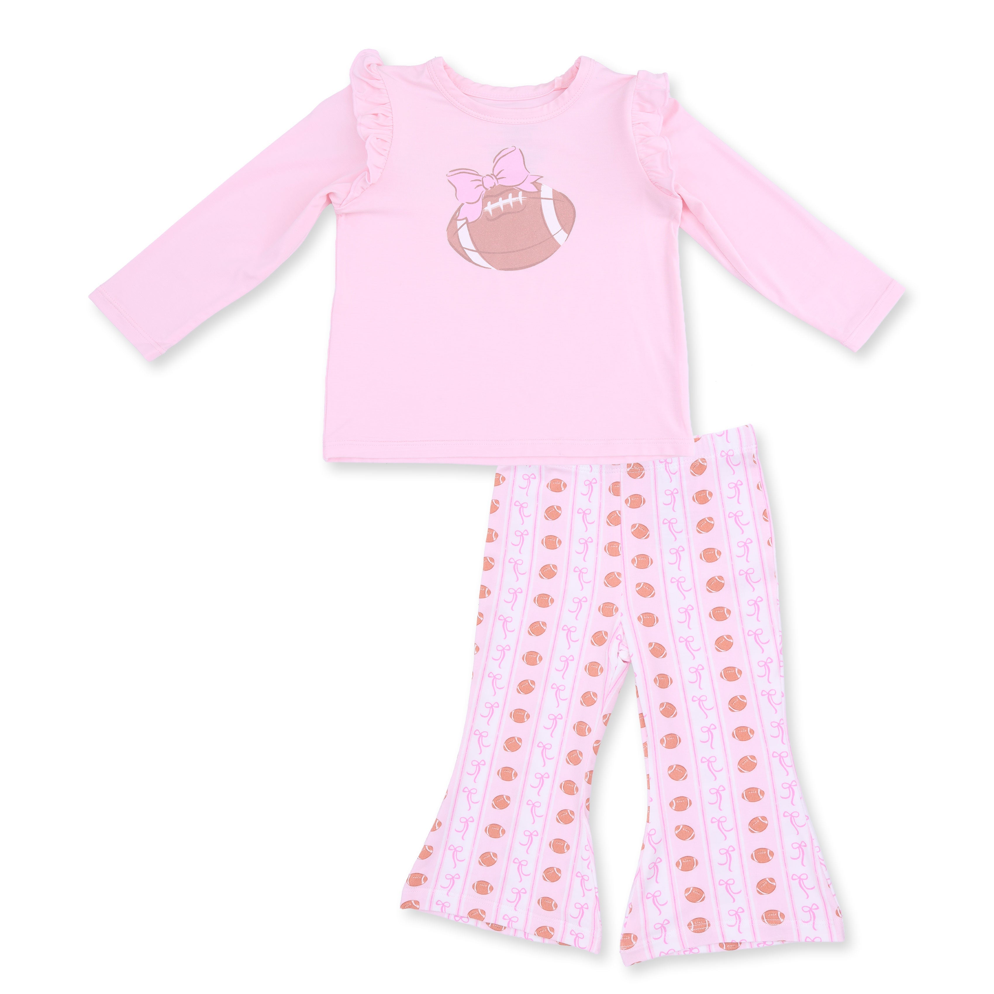 Football Bow Stripe - Long Sleeve Ruffle Tee And Baby Bells