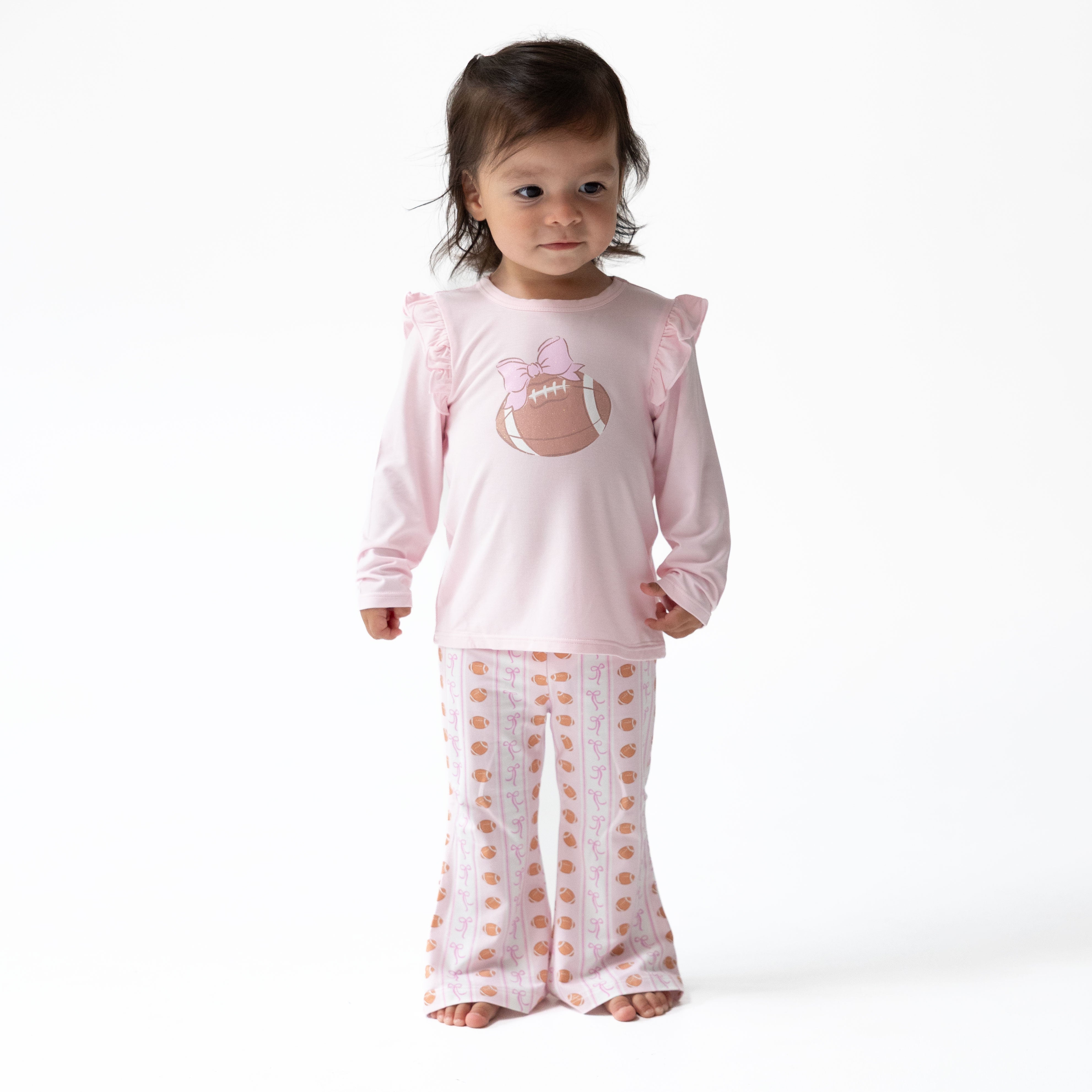 Football Bow Stripe - Long Sleeve Ruffle Tee And Baby Bells