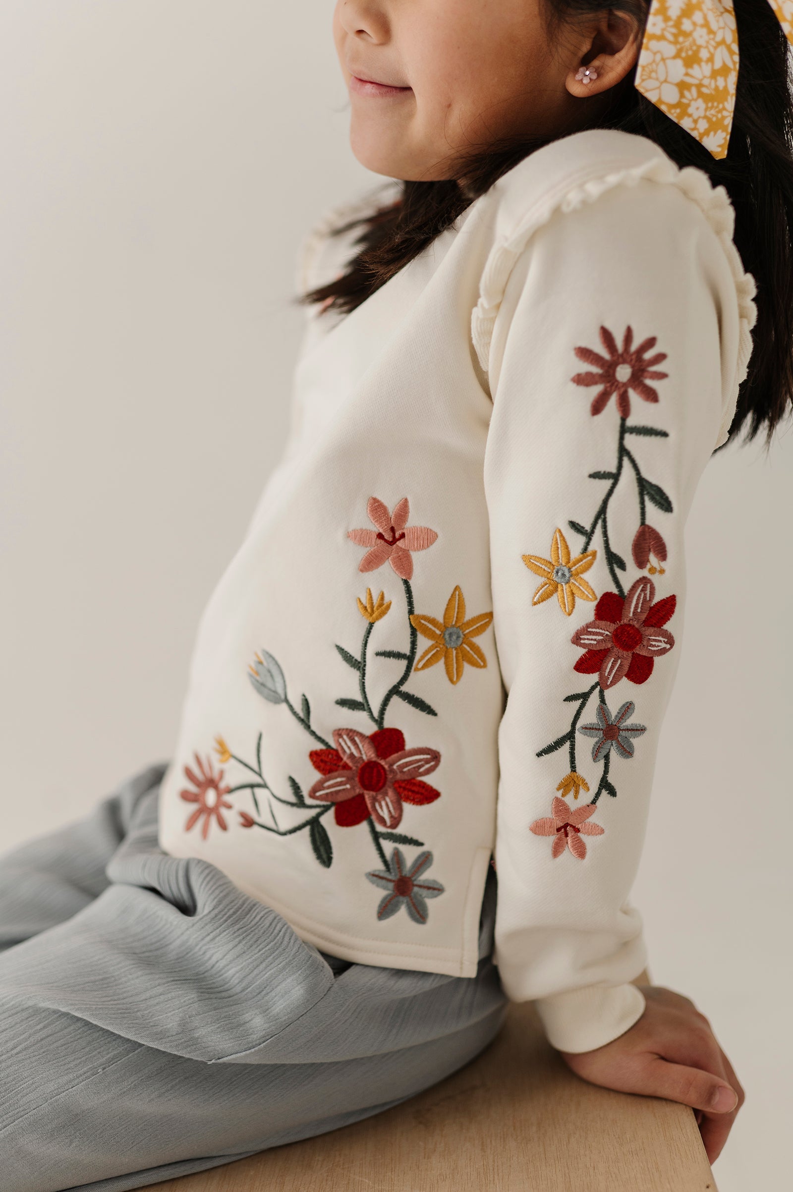 Girls Raw Edge Sweatshirt In Addison Embroidery Floral