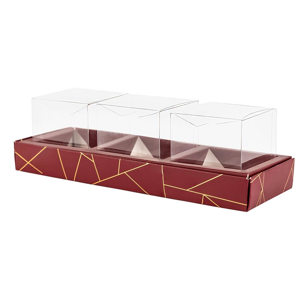 3 Square Shaped Clear Boxes With Rectangle Tray Maroon 11" X 3.9" X 1.3" Pack Of 12