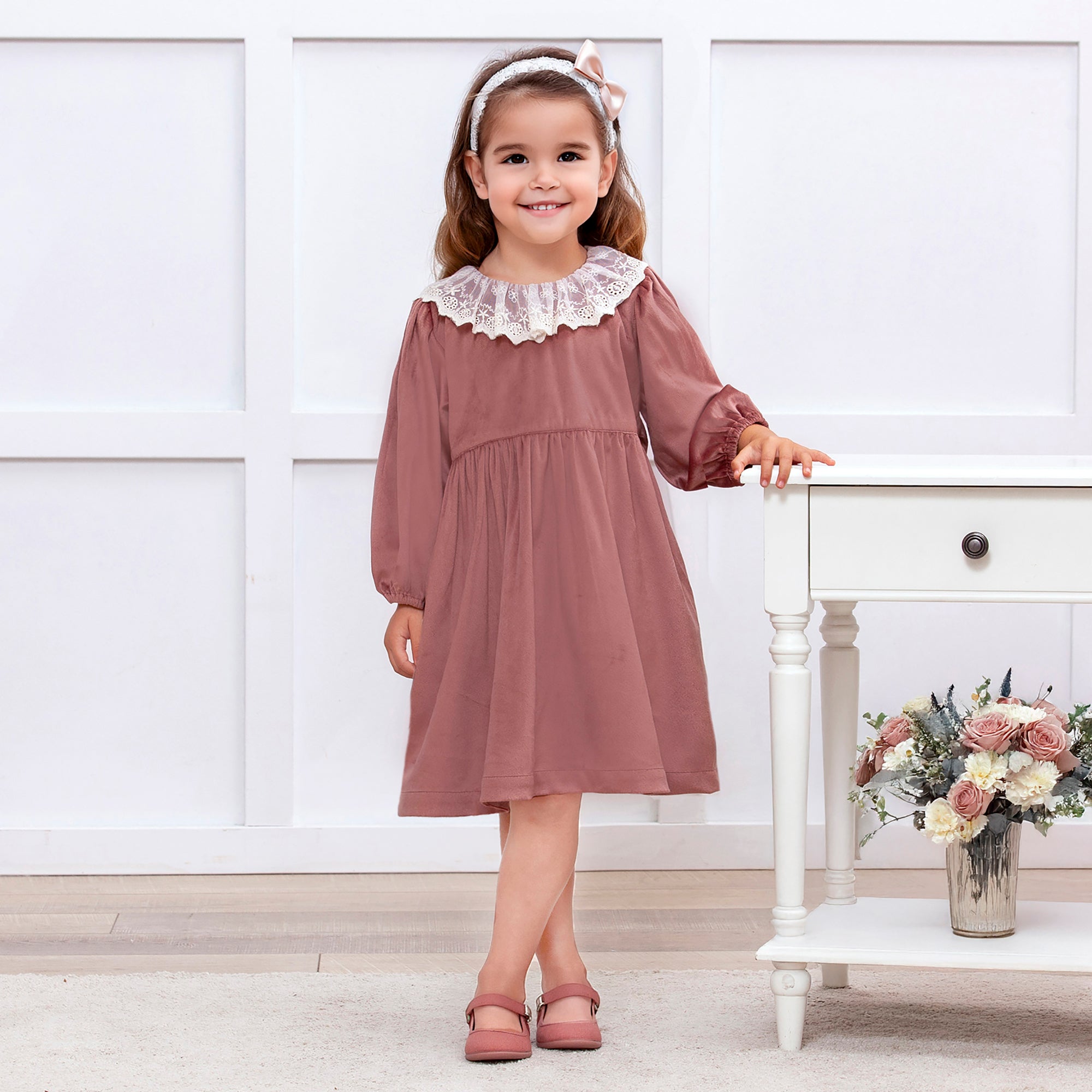 Mauve Velvet Girl's Dress – Lace Collar Special Occasion