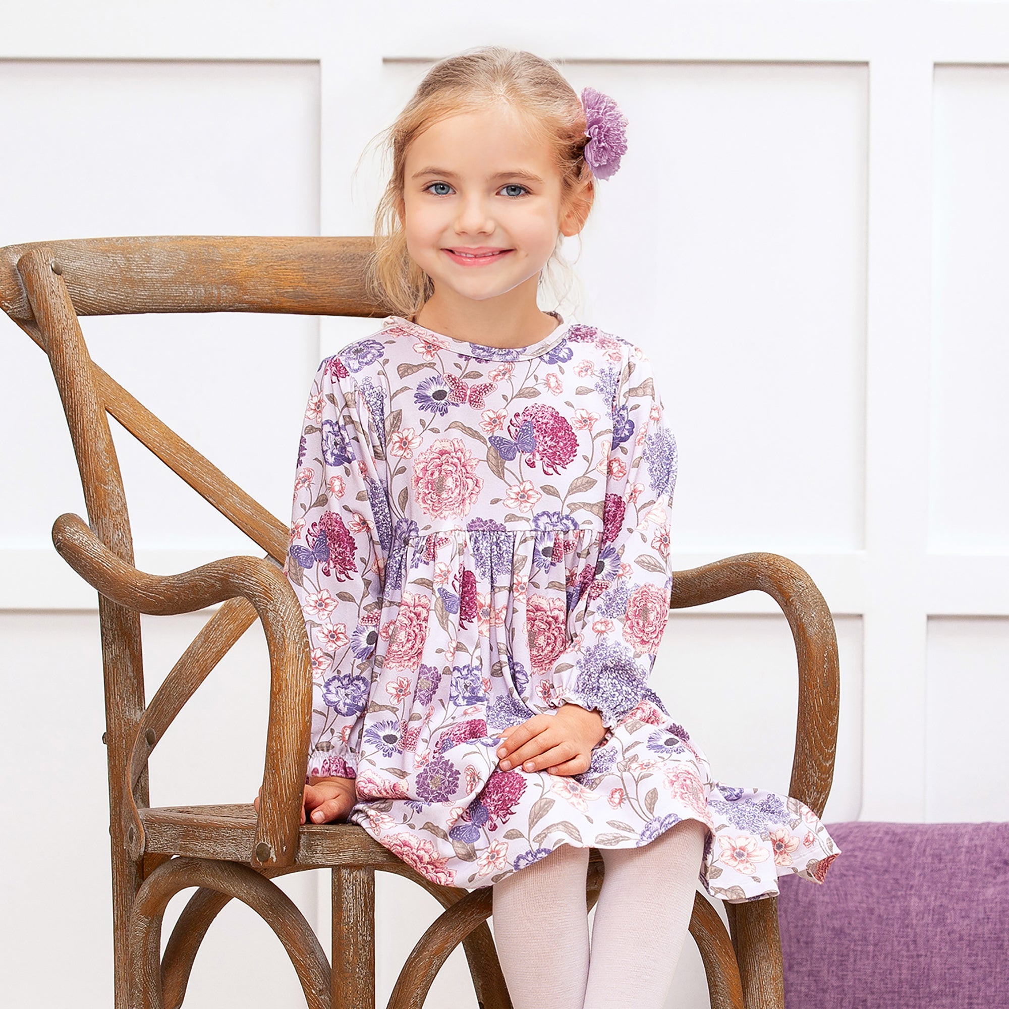 Floral Long Sleeve Girls Dress – Bamboo Cotton Vintage Bloom