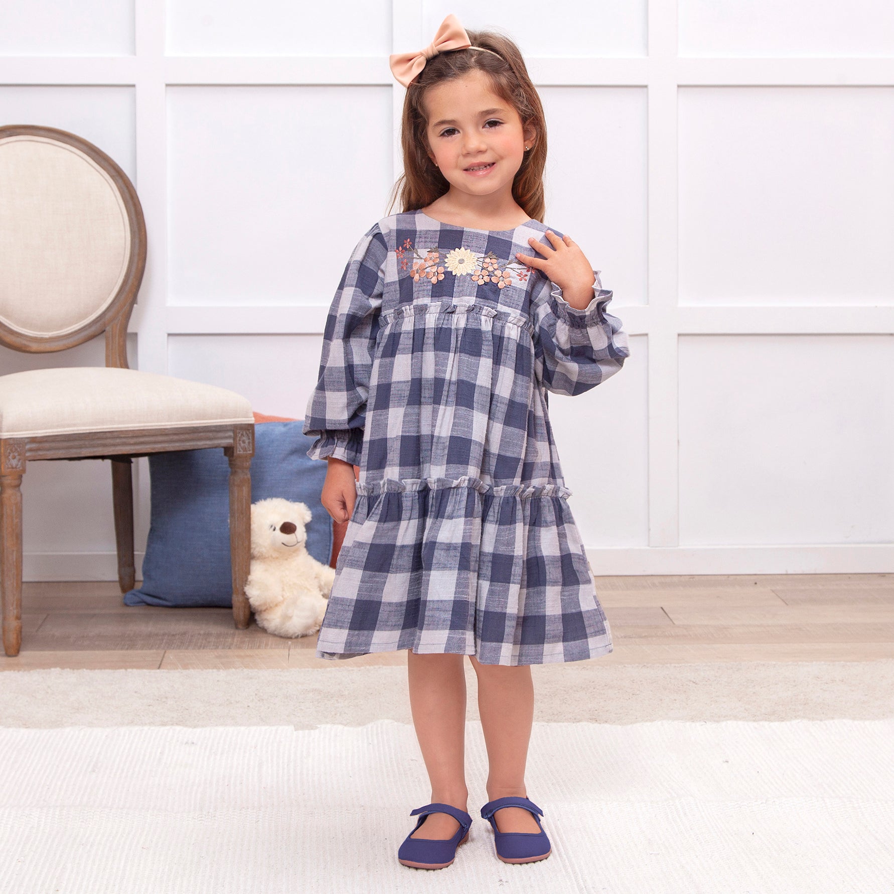 Buffalo Check Girls Cotton Dress With Floral Embroidery & Ruffles