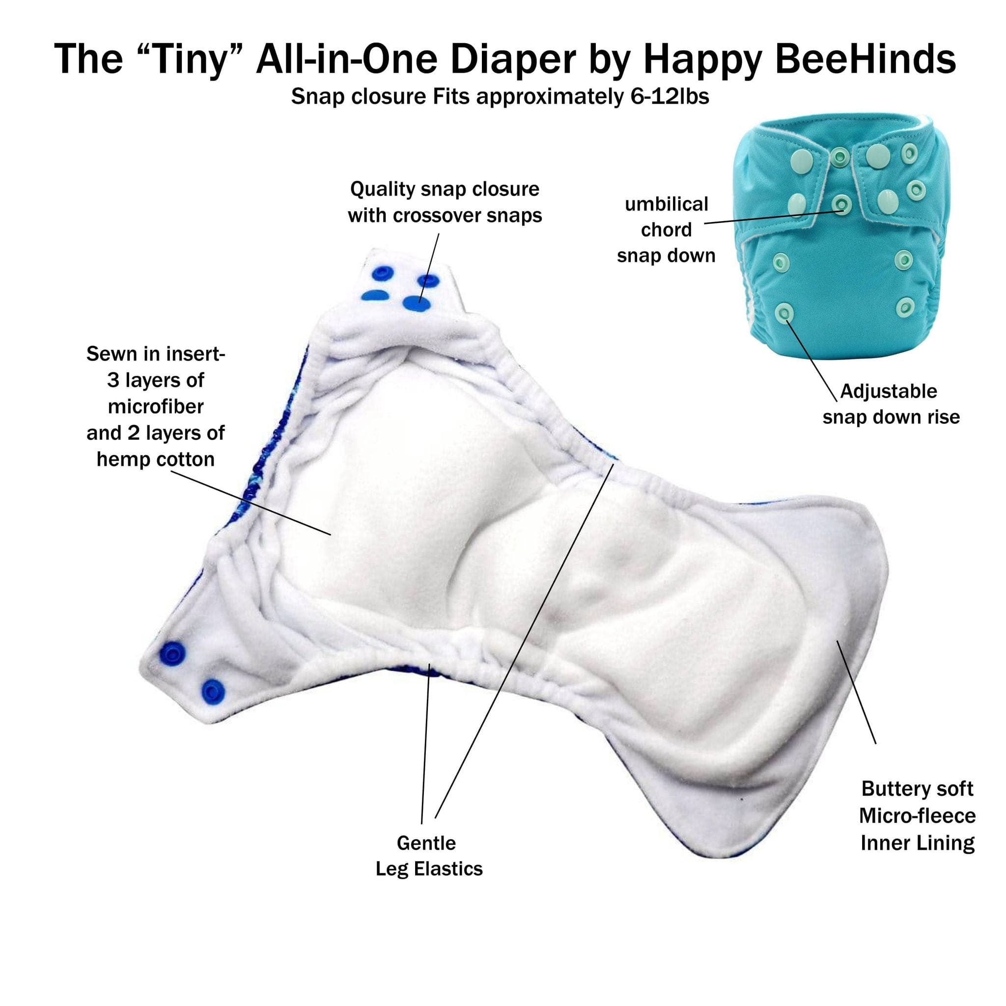 The "tiny" Newborn All In One By Happy Beehinds (with Back Pocket)