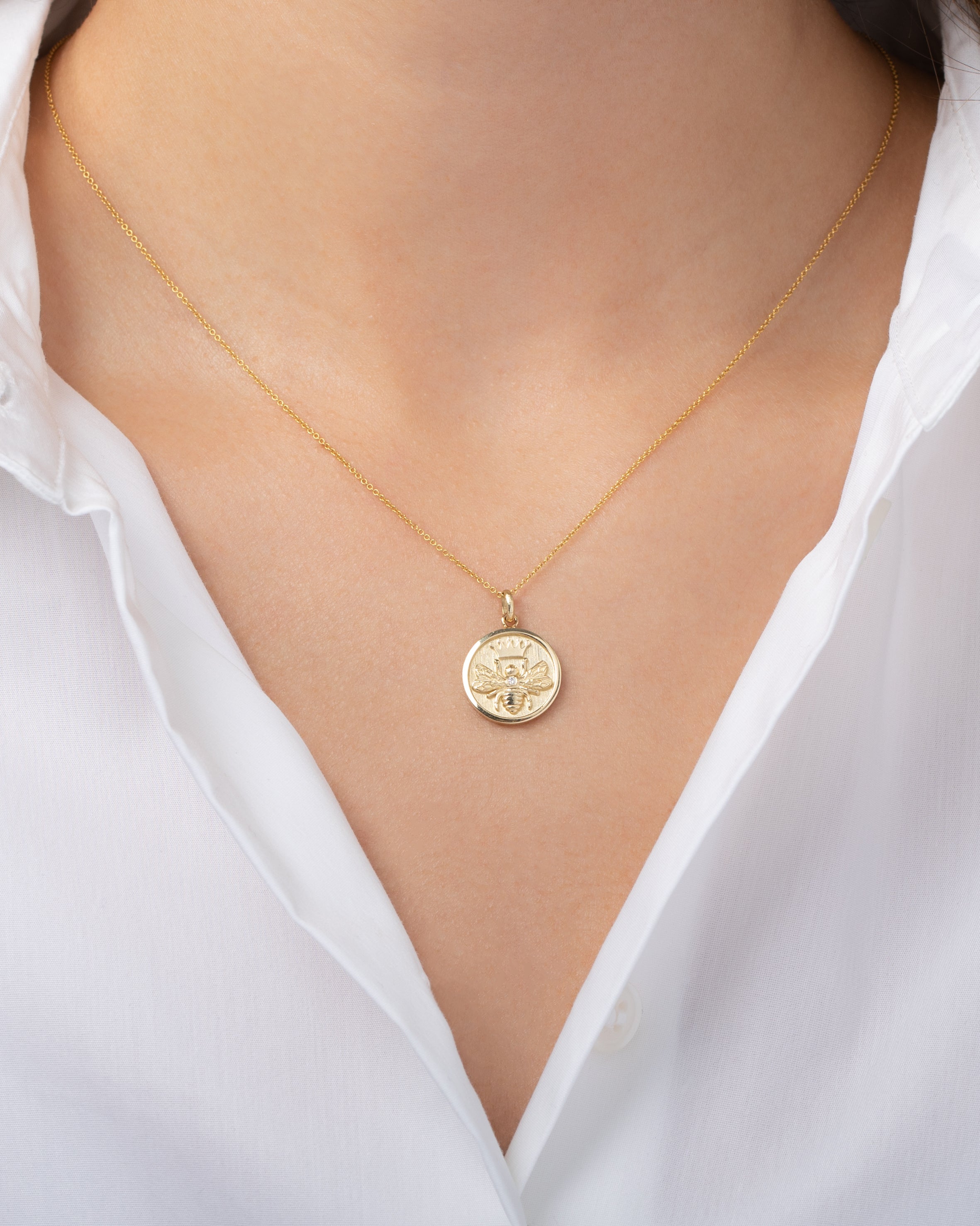 14k Gold Diamond Queen Bee Medallion Necklace