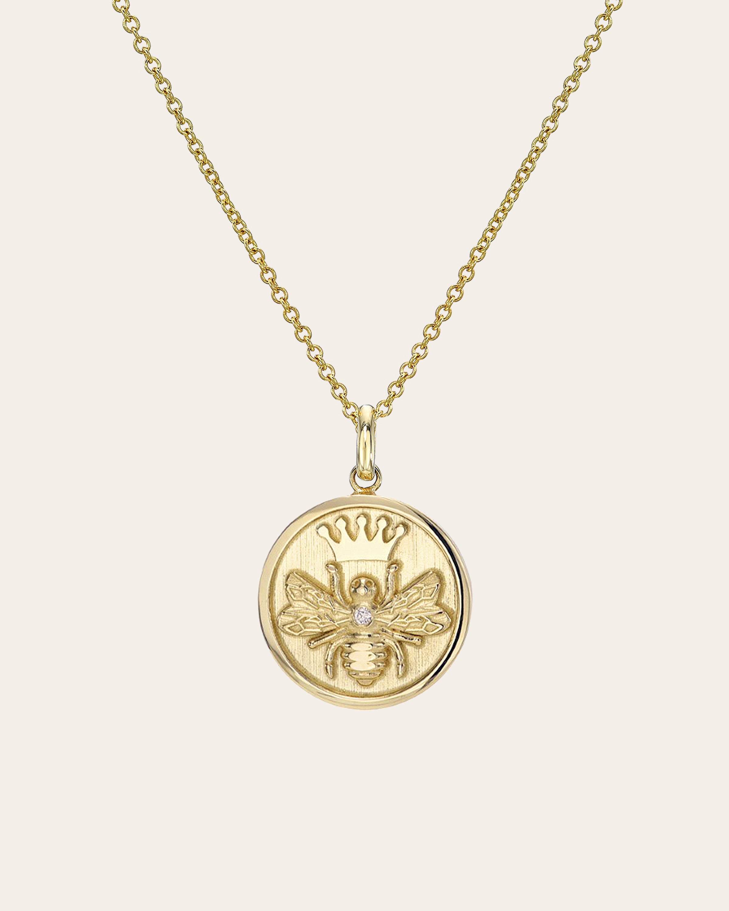 14k Gold Diamond Queen Bee Medallion Necklace