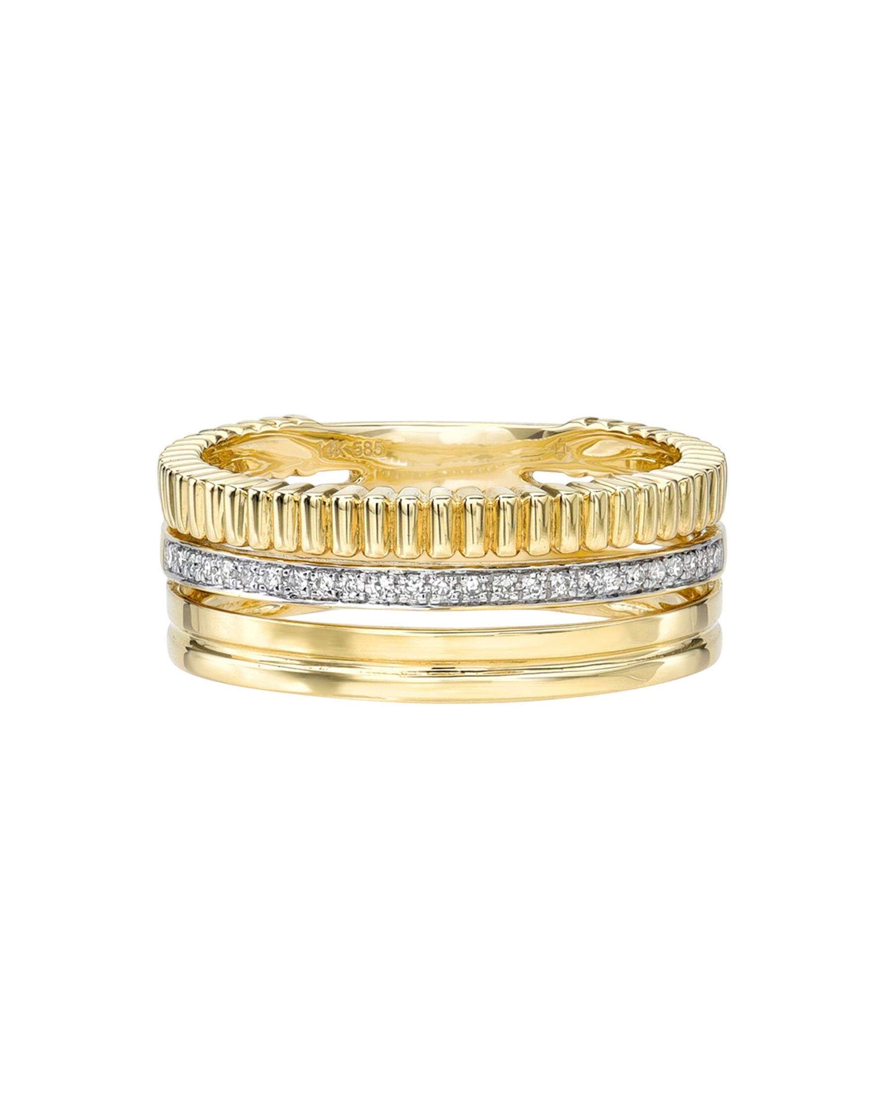 14k Gold Diamond Ribbed Ring Stack