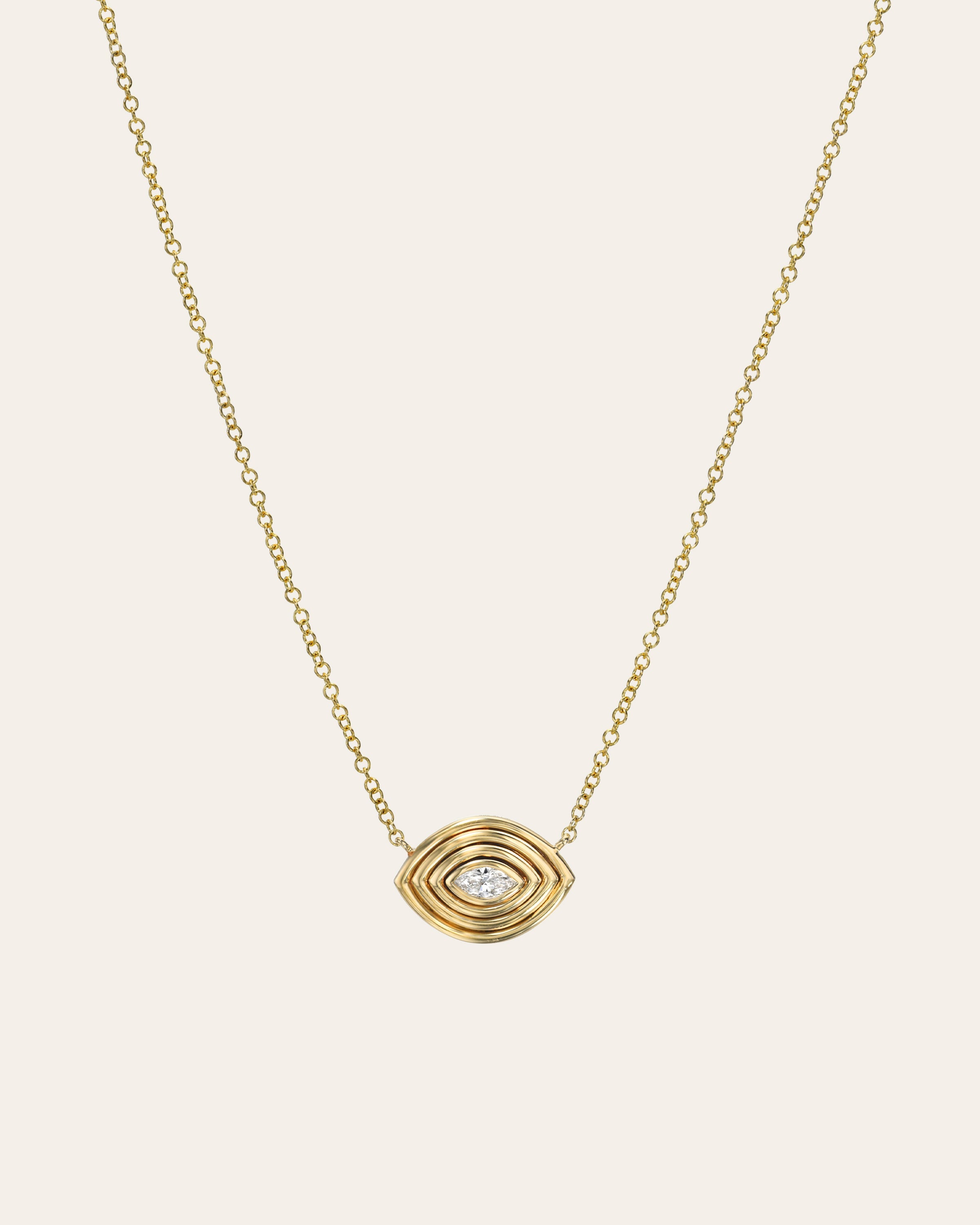 14k Gold Diamond Ribbed Evil Eye Necklace