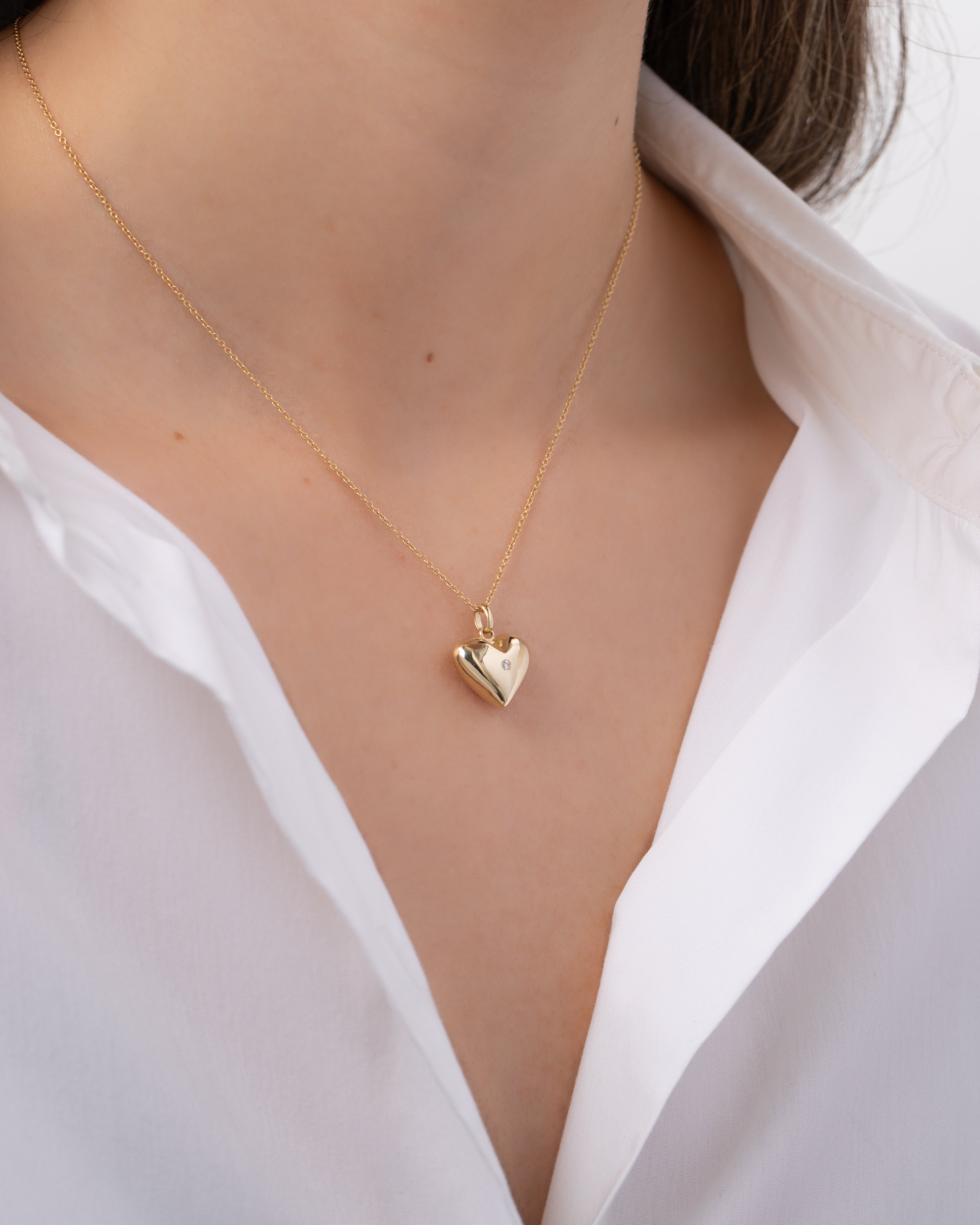 14k Gold Domed Heart With Tiny Diamond Necklace