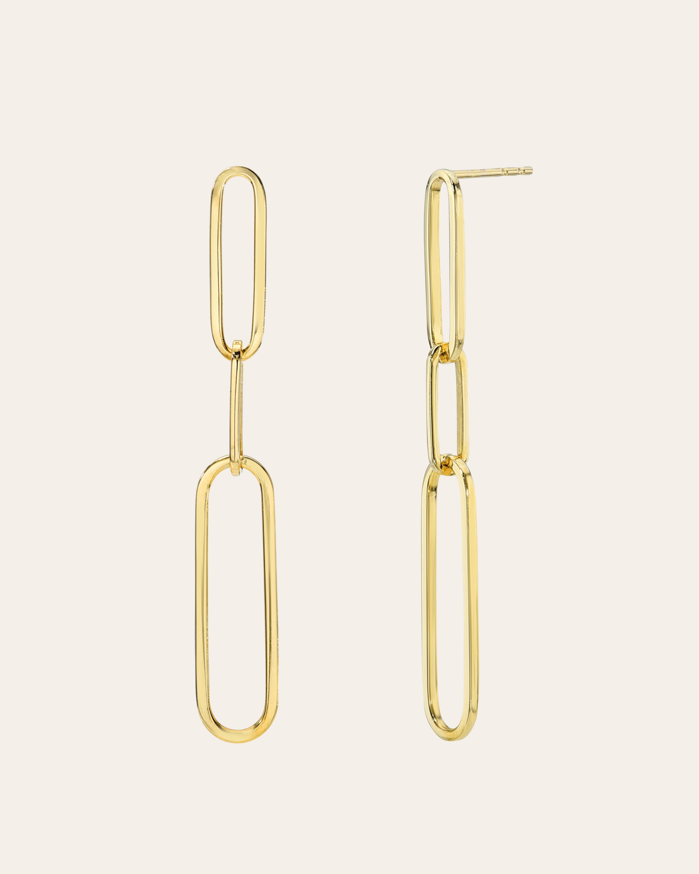 14k Gold Elongated Paper Clip Chain Stud Earrings