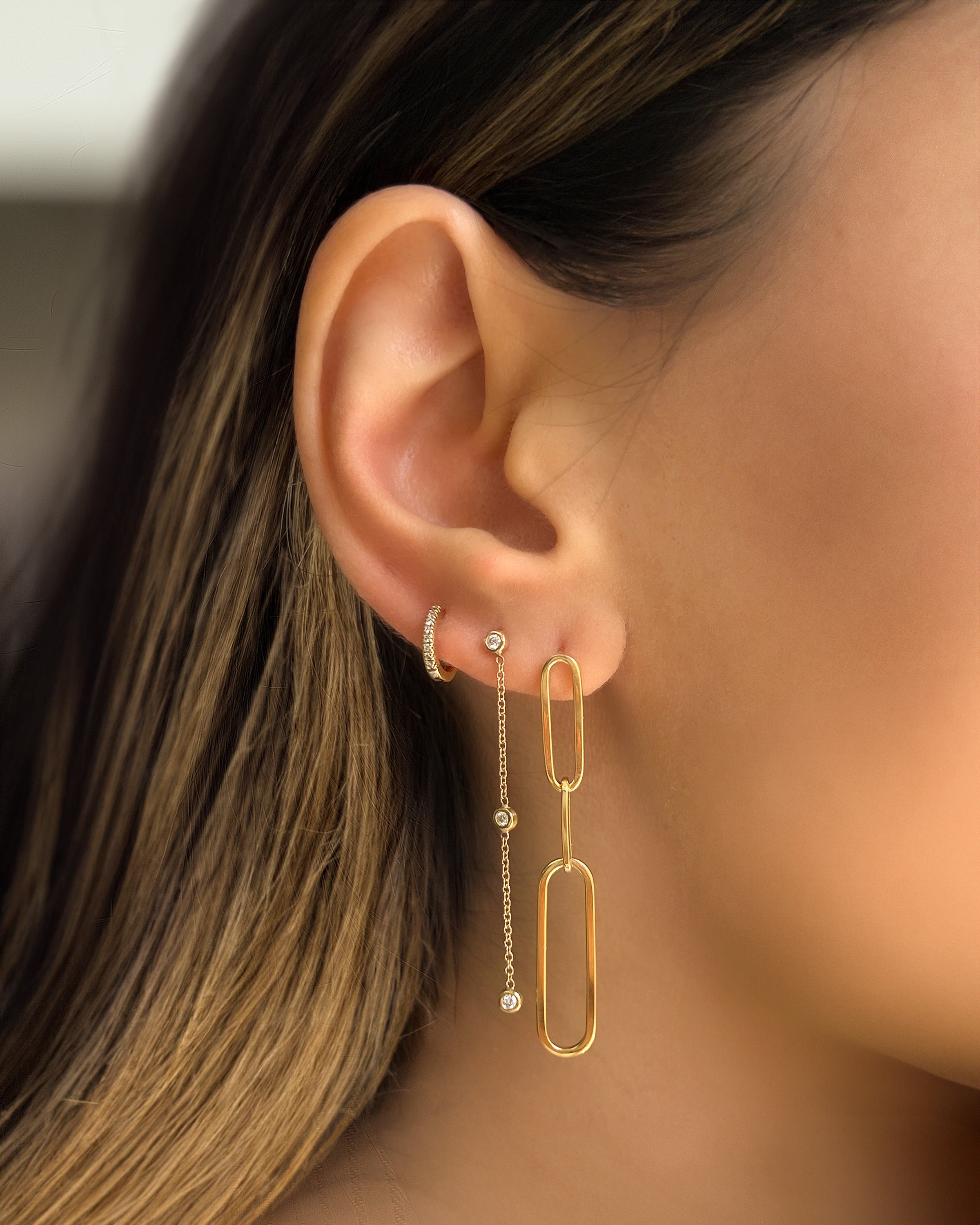 14k Gold Elongated Paper Clip Chain Stud Earrings