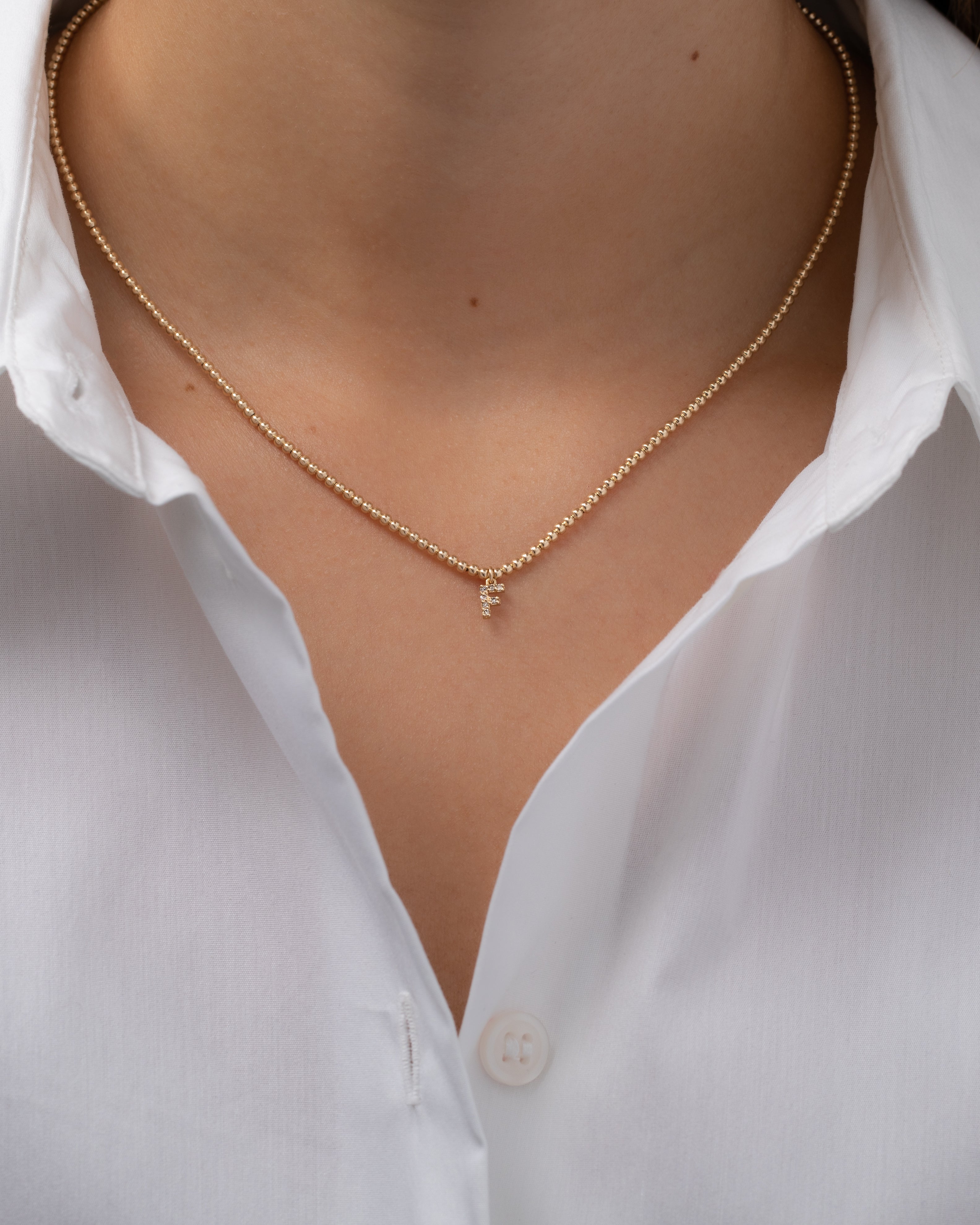 14k Gold Mini Diamond Initial Bead Necklace