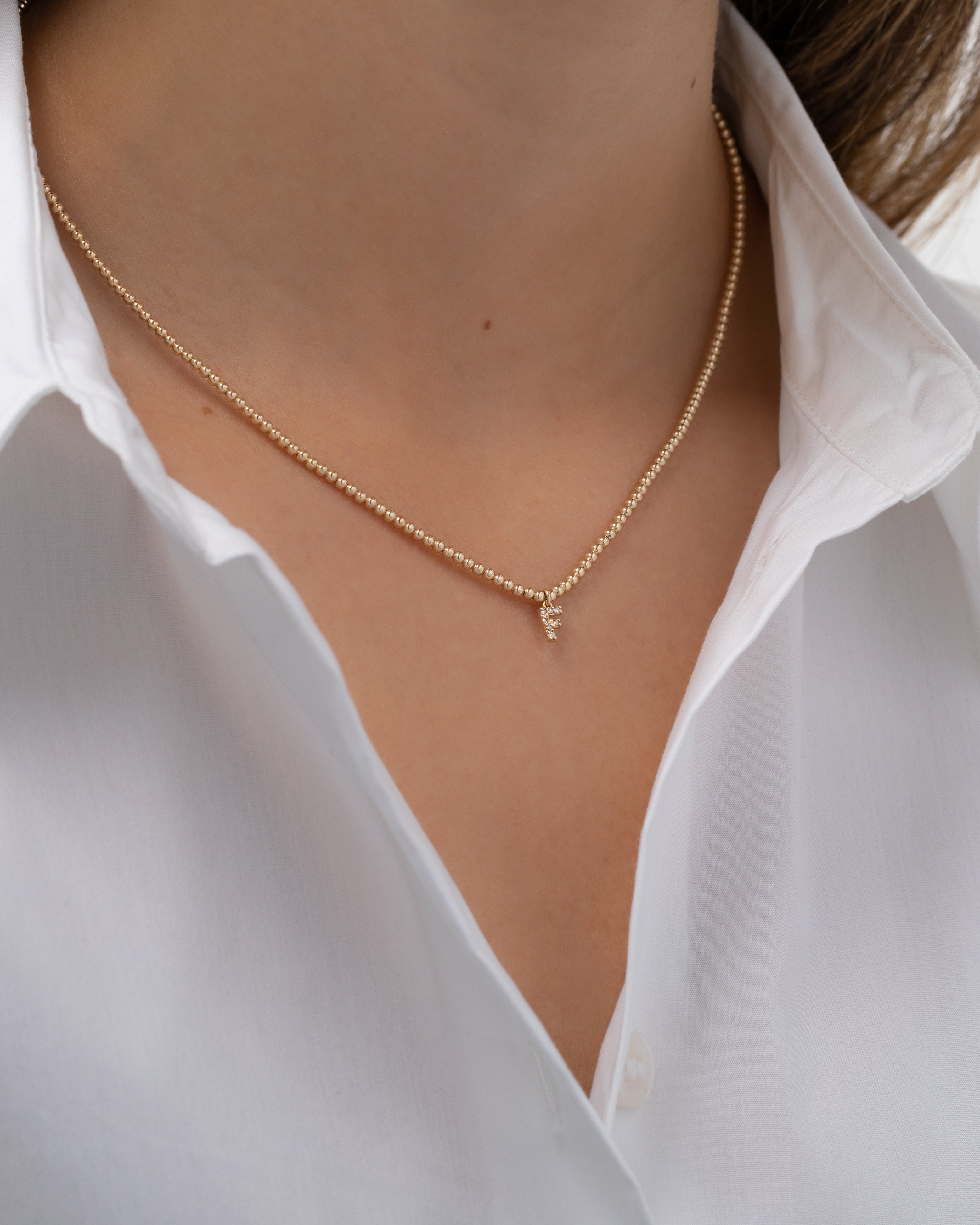 14k Gold Mini Diamond Initial Bead Necklace