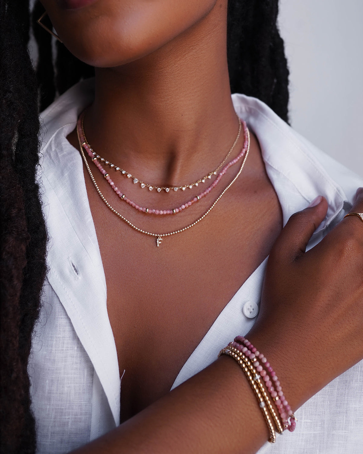 14k Gold Pink Rhodochrosite Segment Bead Bracelet