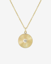 14k Gold Pleated Disc With Diamond Necklace