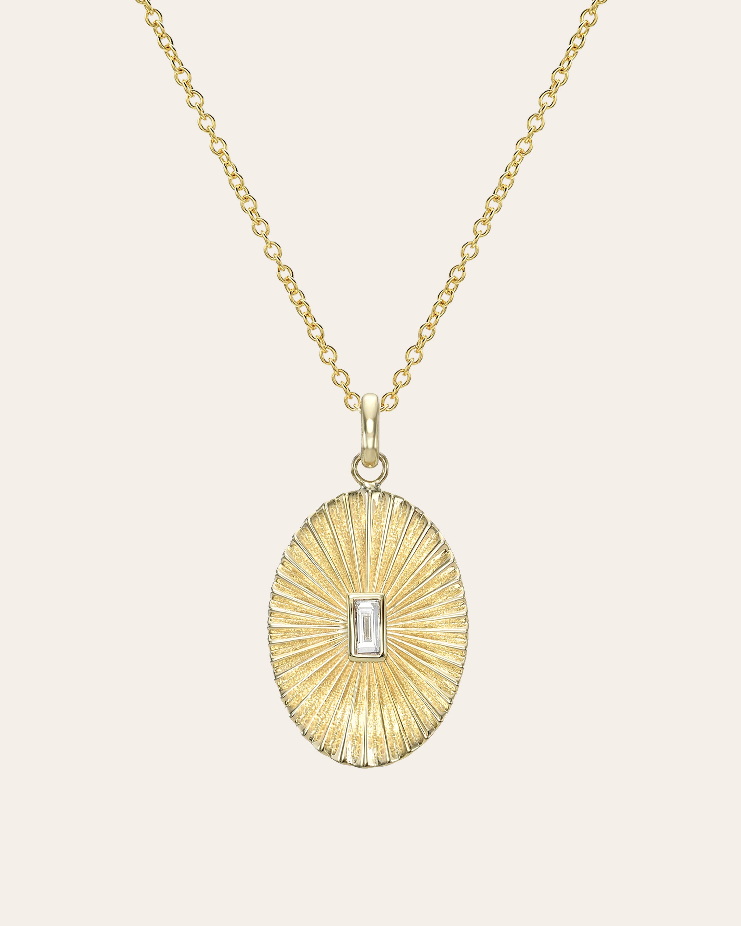 14k Gold Pleated Oval With Baguette Diamond Necklace