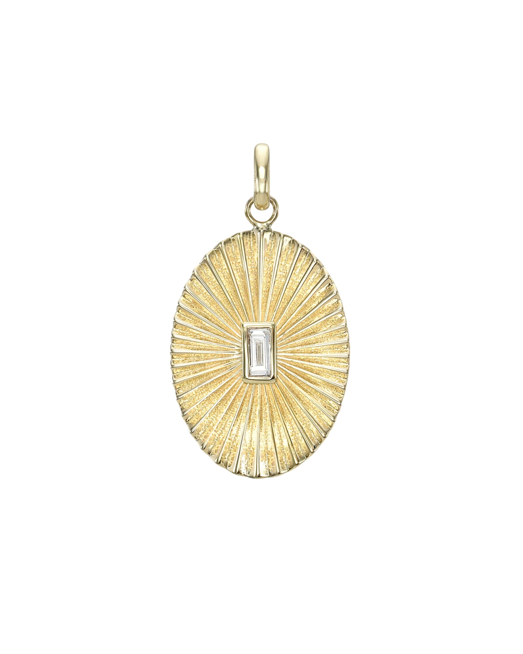 14k Gold Pleated Oval With Baguette Diamond Pendant