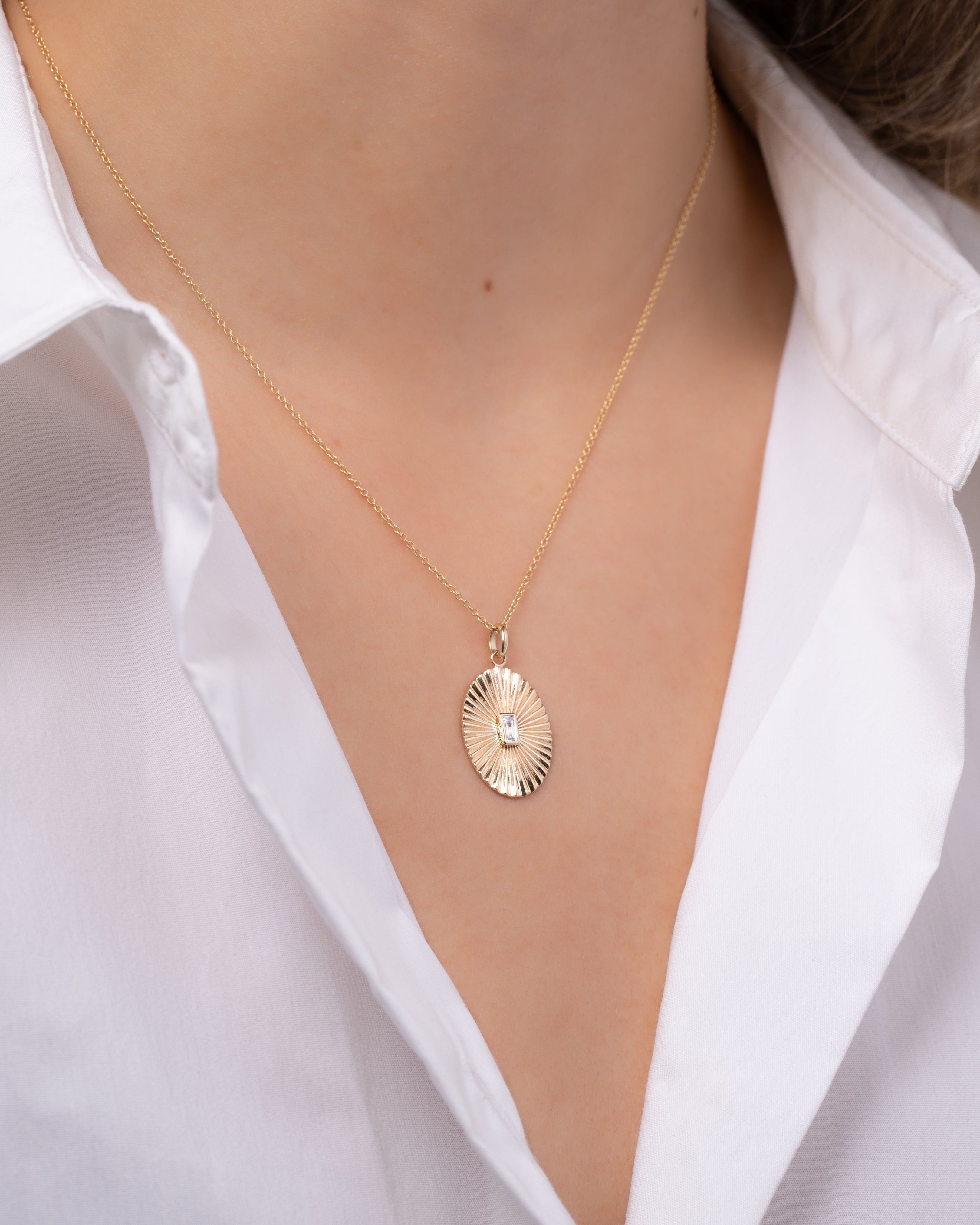 14k Gold Pleated Oval With Baguette Diamond Necklace