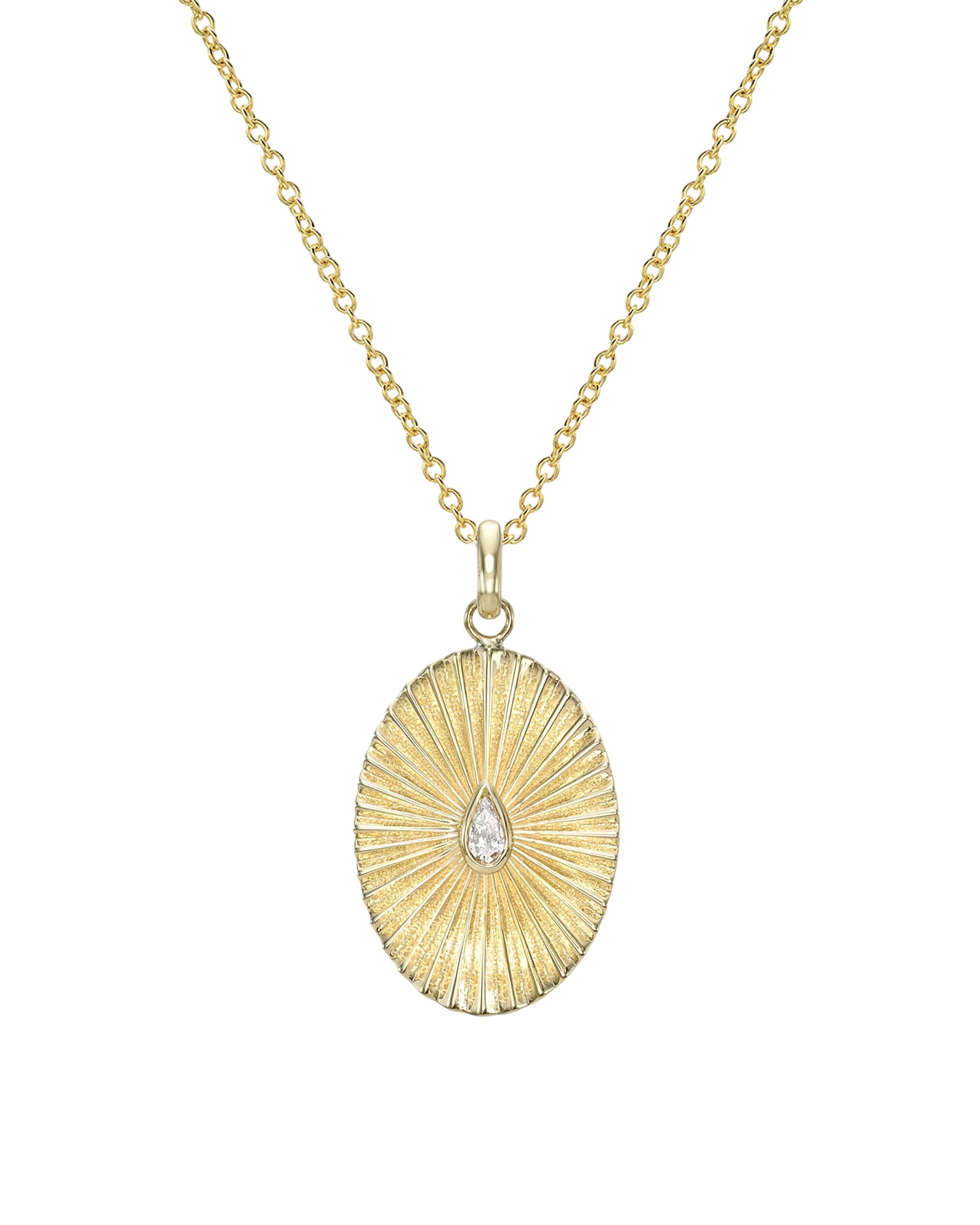 14k Gold Pleated Oval With Pear Diamond Necklace