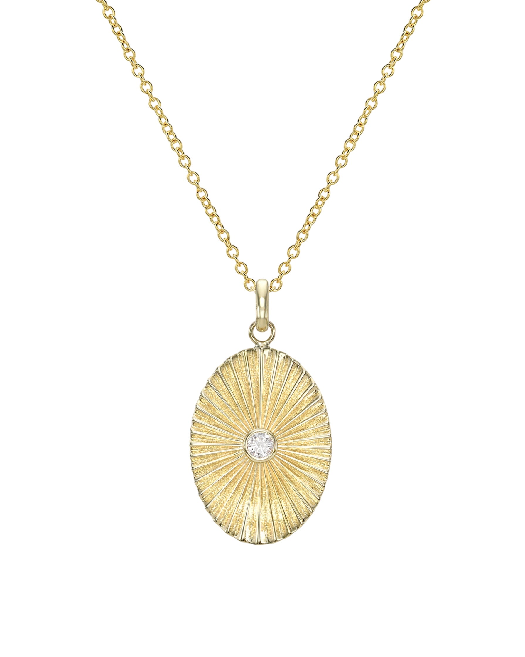 14k Gold Pleated Oval With Round Diamond Necklace