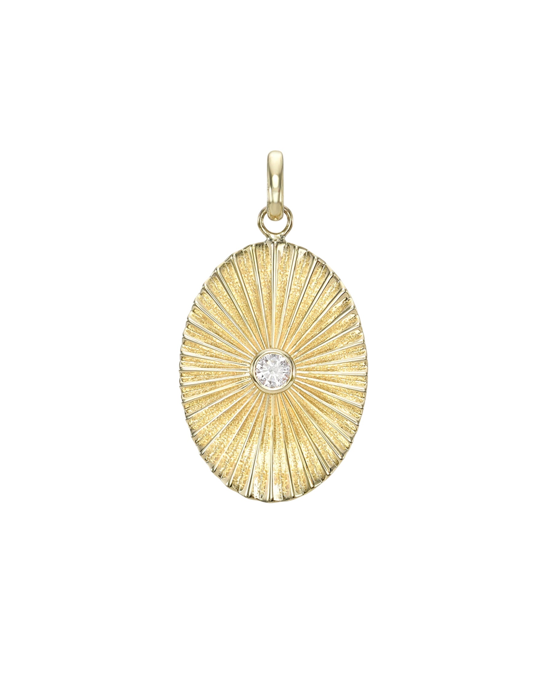 14k Gold Pleated Oval With Round Diamond Pendant