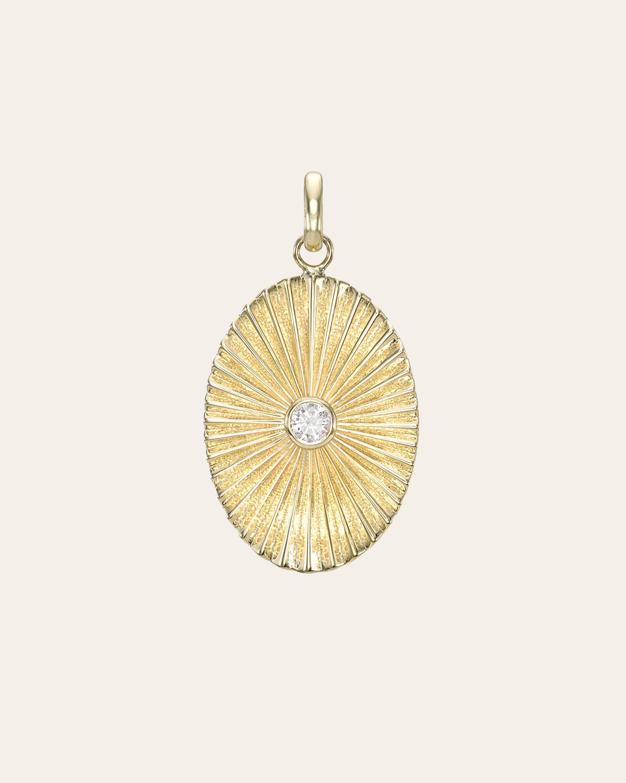 14k Gold Pleated Oval With Round Diamond Pendant