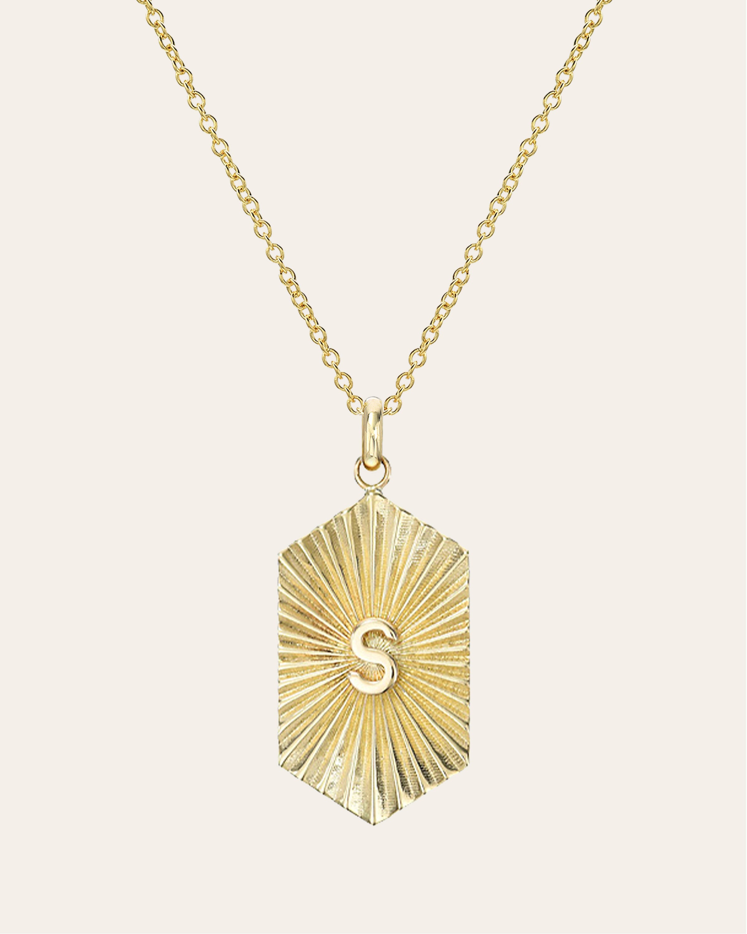 14k Gold Pleated Shield With Initial Necklace