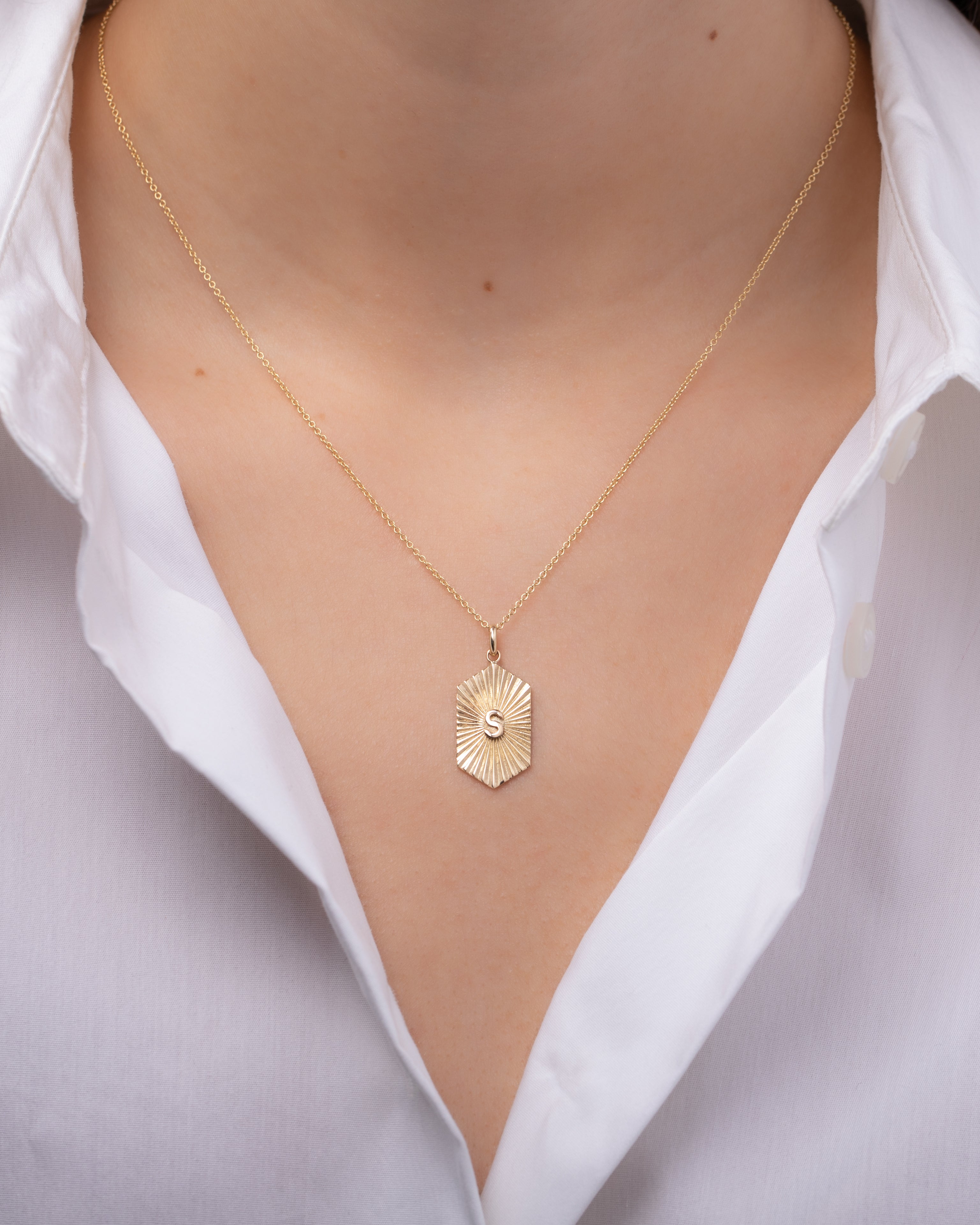 14k Gold Pleated Shield With Initial Necklace