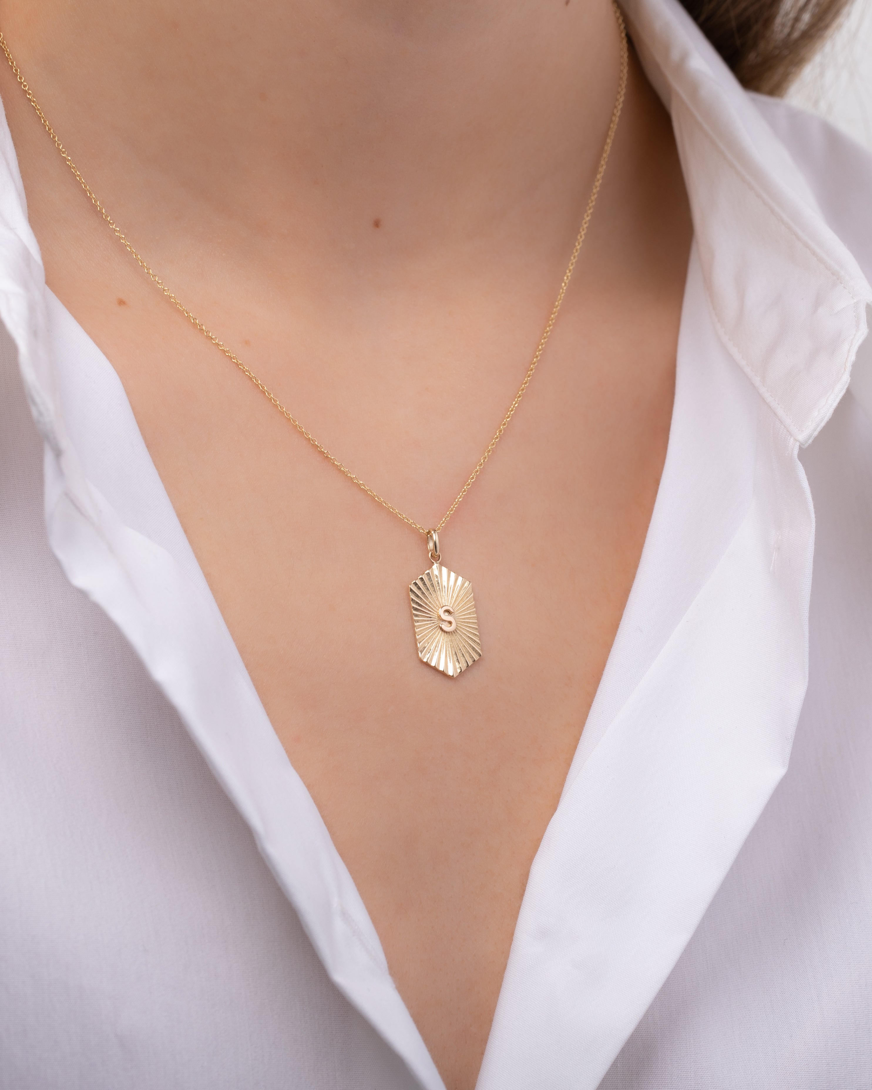 14k Gold Pleated Shield With Initial Pendant