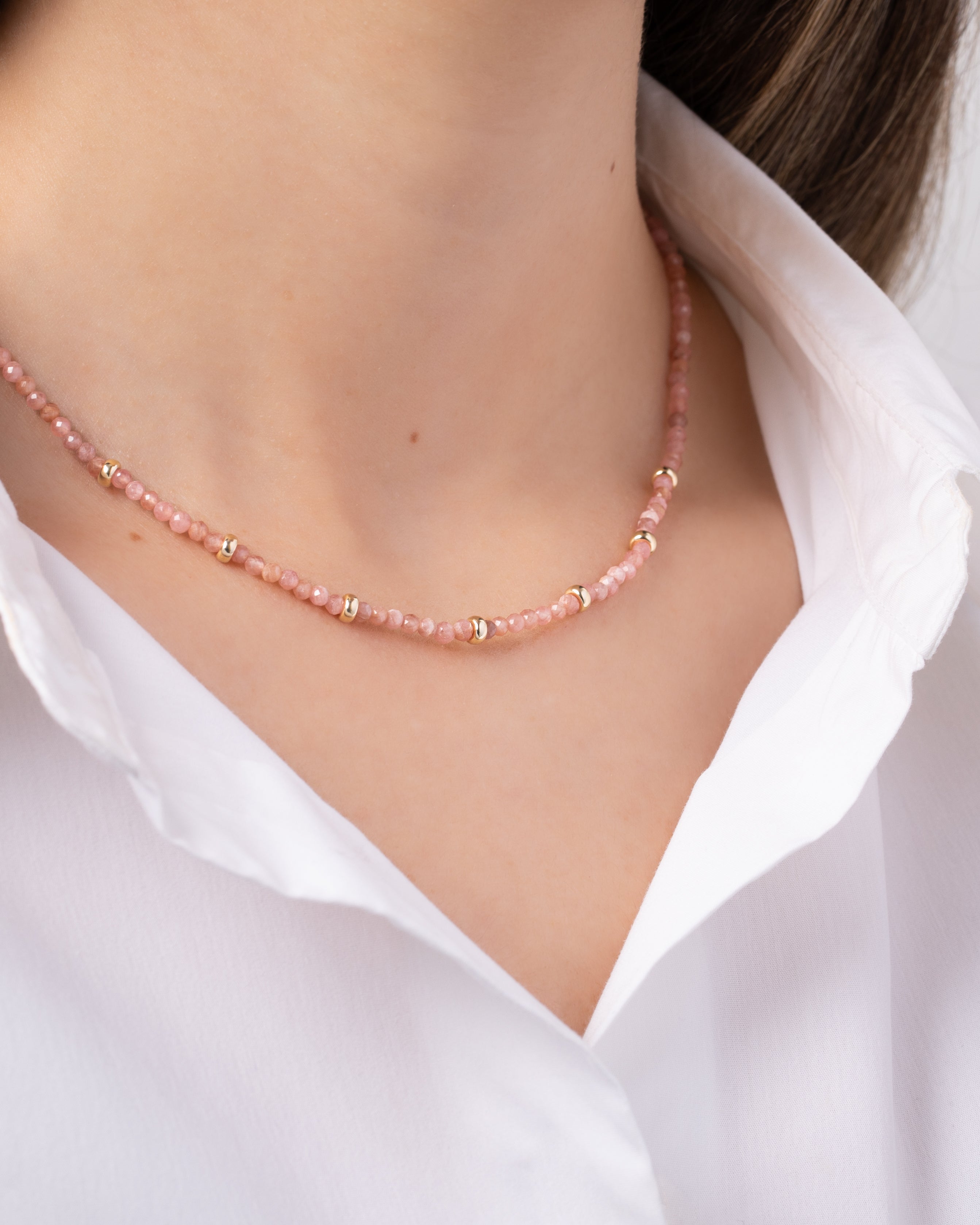 14k Gold Pink Rhodochrosite Segment Bead Necklace