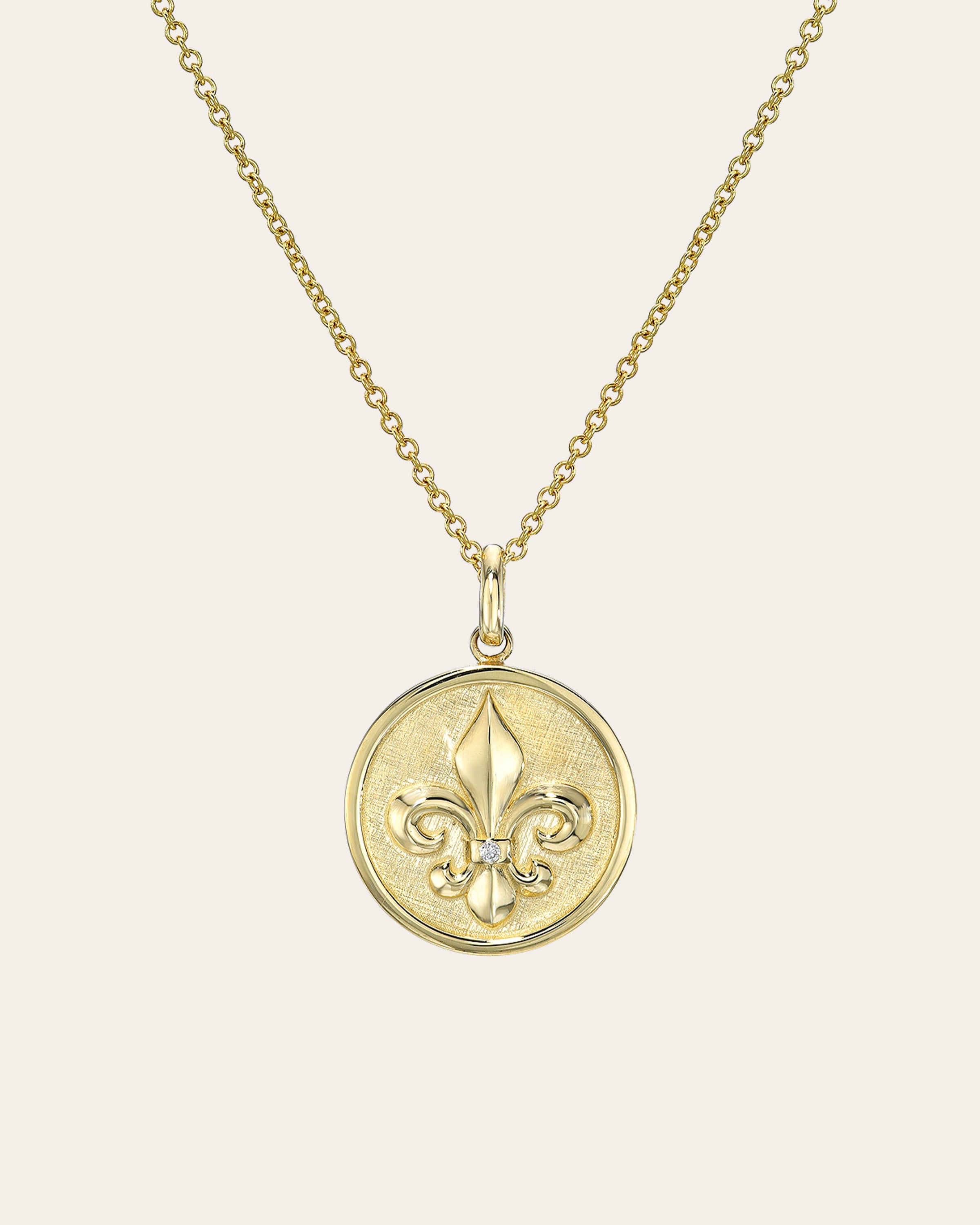 14k Gold Diamond Fleur De Lis Medallion Necklace