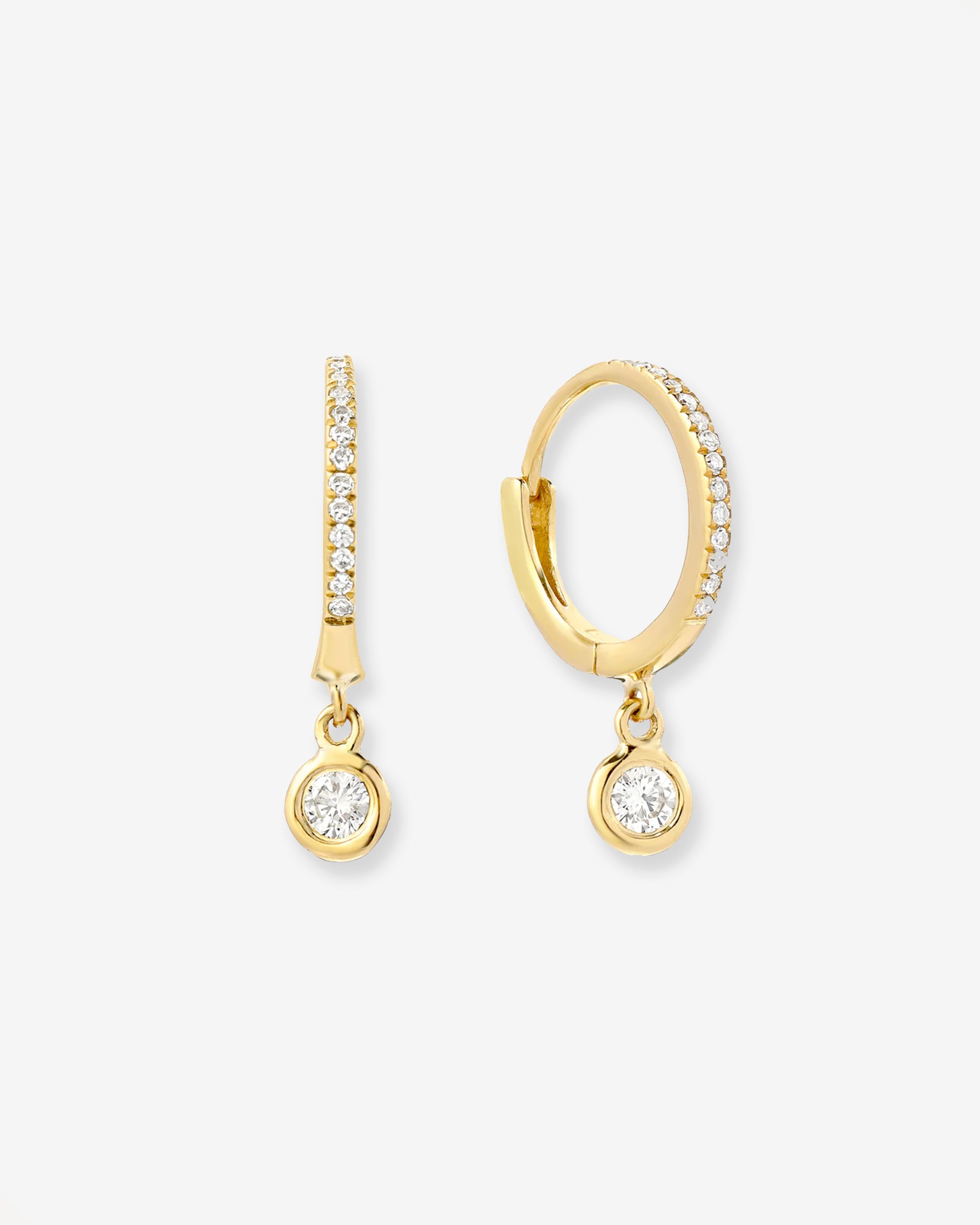 14k Gold Diamond Huggies With Drop Bezel Diamond