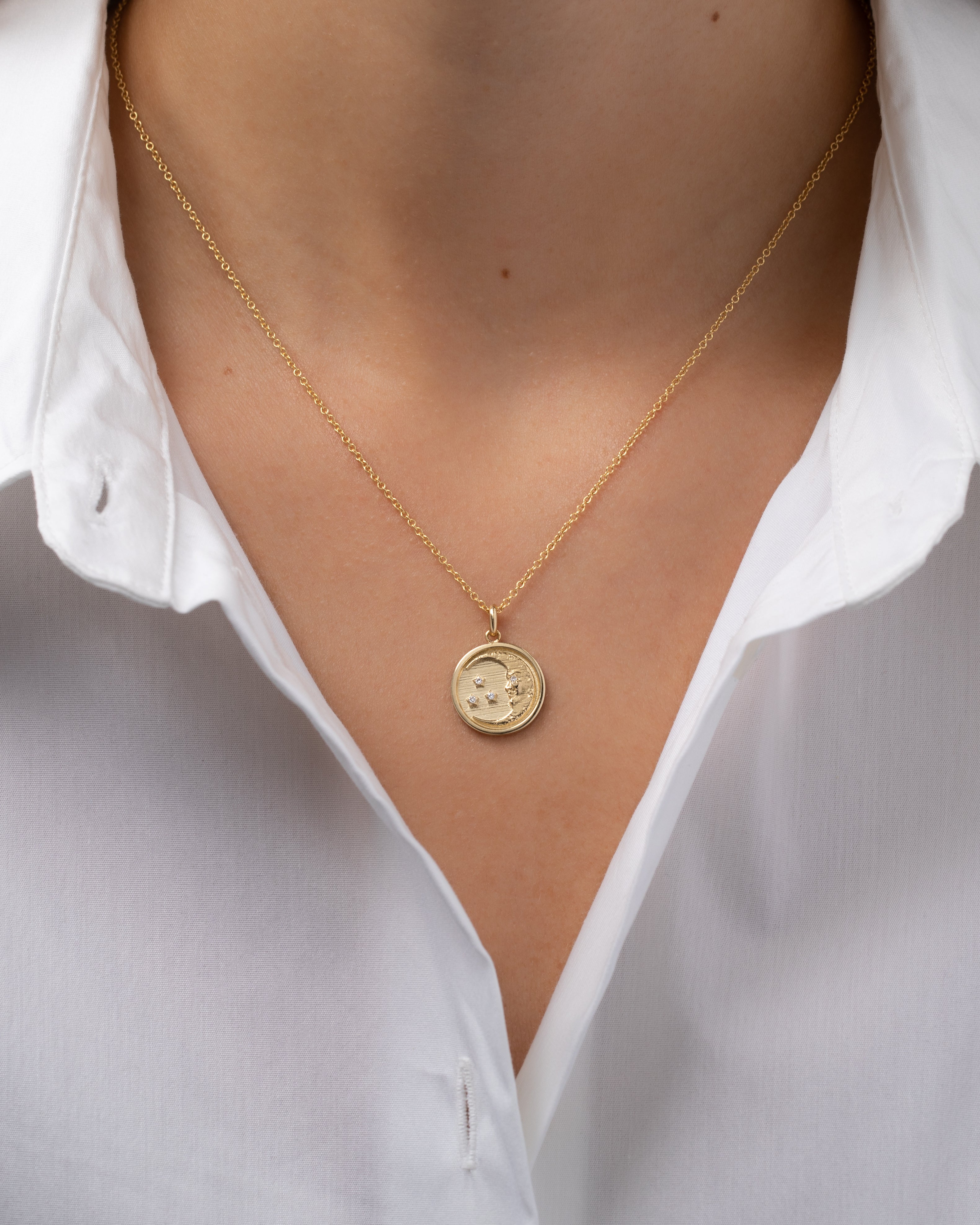 14k Gold And Diamond Moon Medallion Pendant