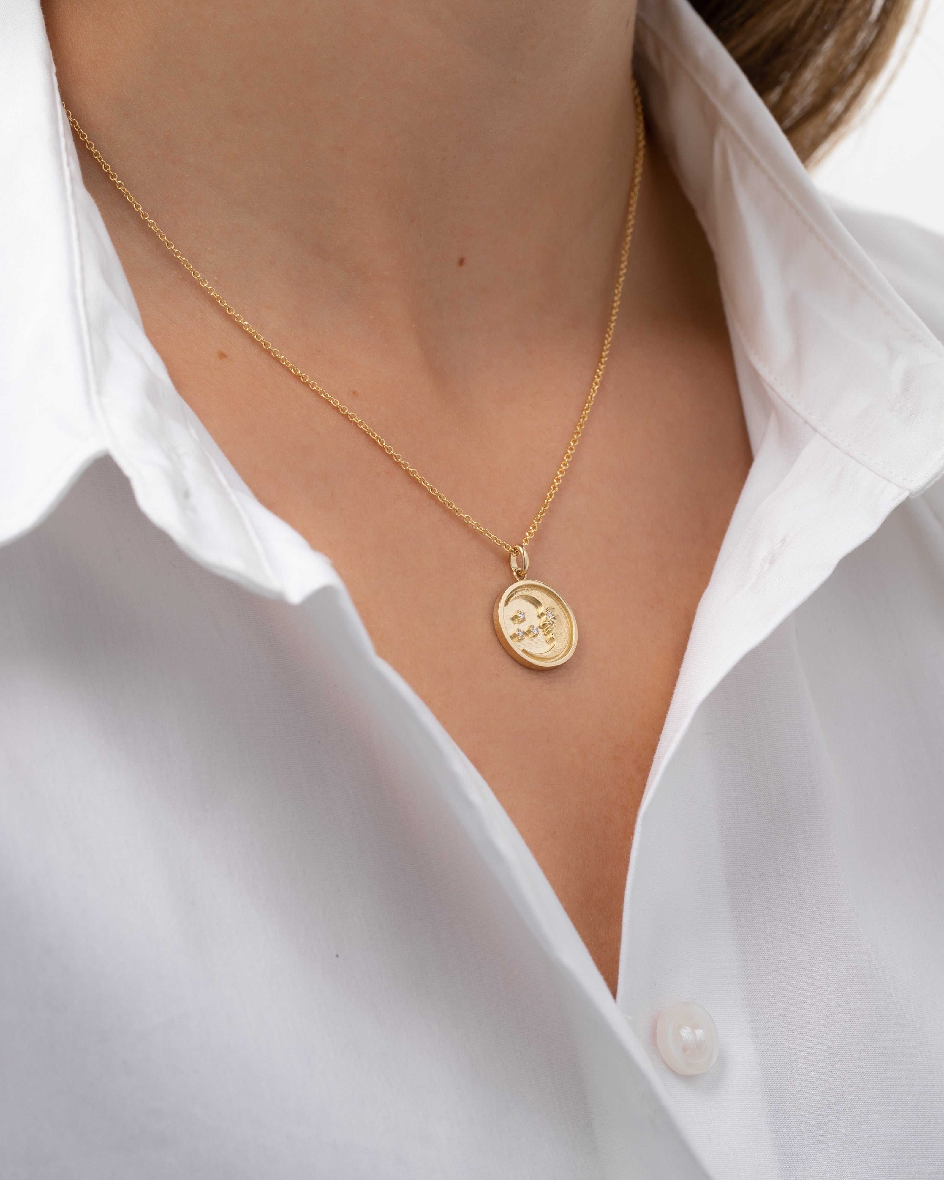 14k Gold Diamond Moon Medallion Necklace