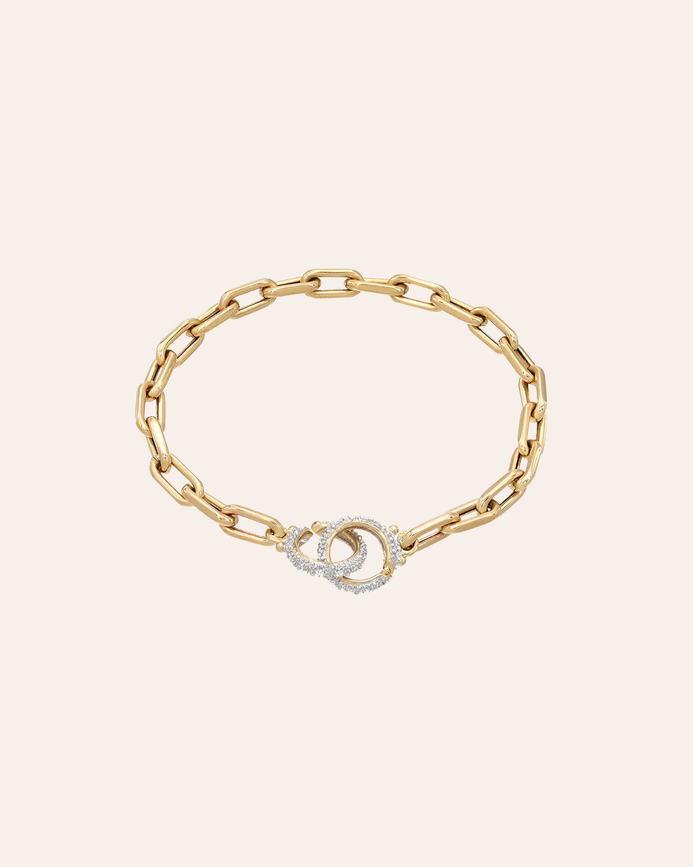 14k Gold Large Open Link Chain Bracelet With Diamond Handcuffs