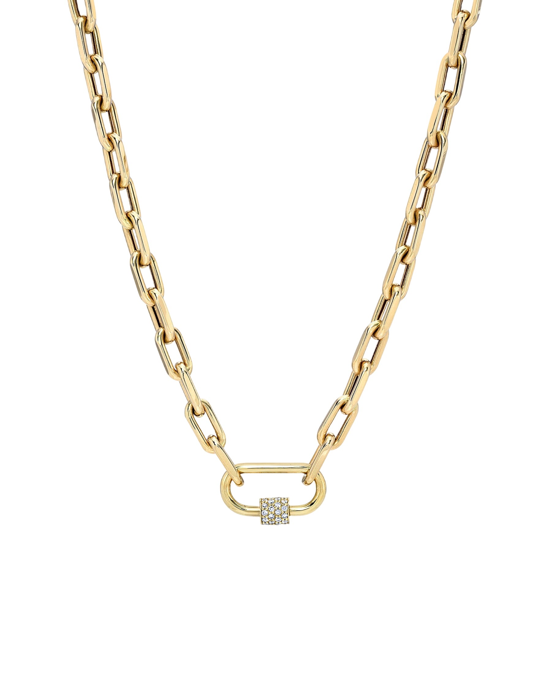 14k Gold Large Open Link Chain With Diamond Carabiner Necklace