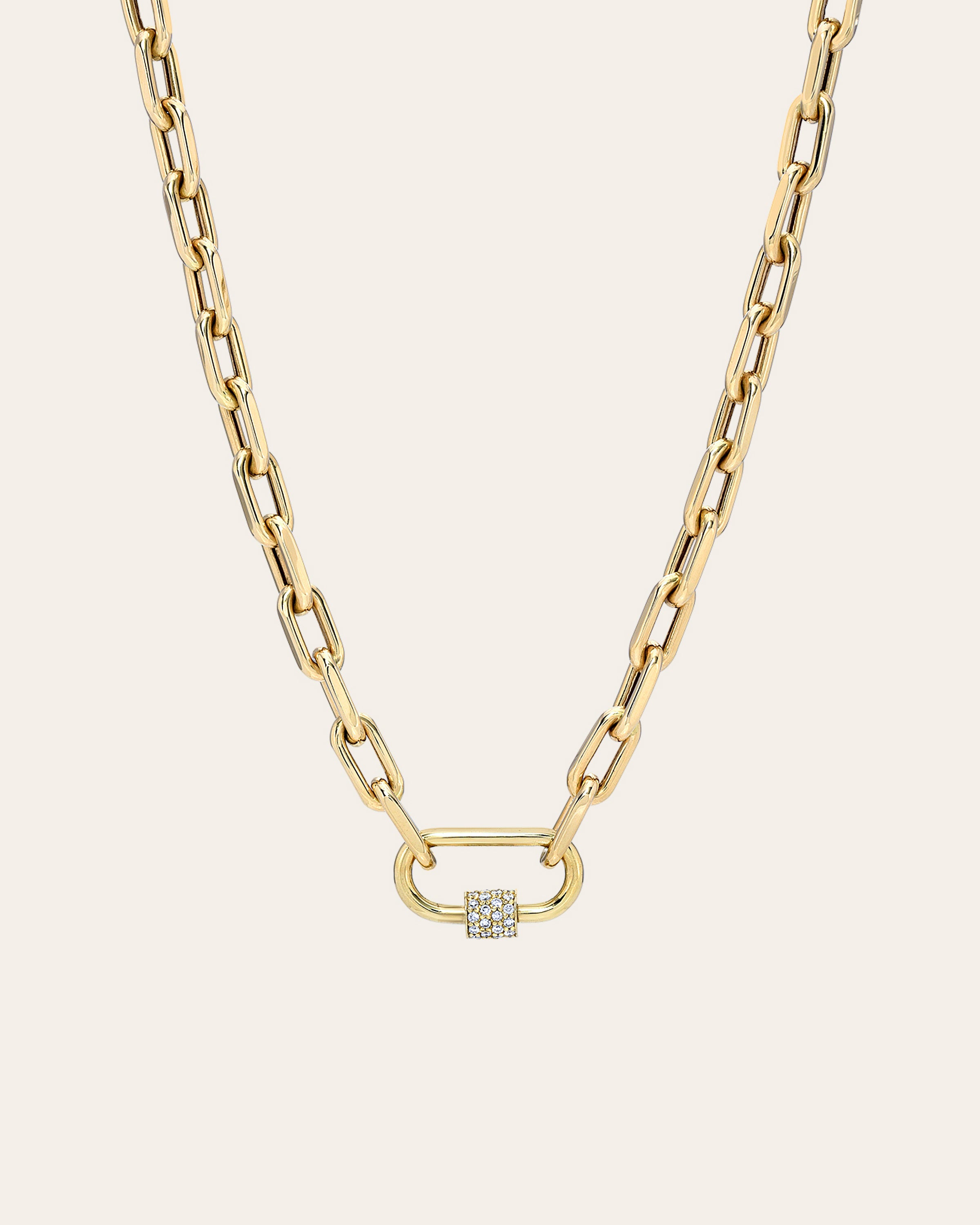 14k Gold Large Open Link Chain With Diamond Carabiner Necklace