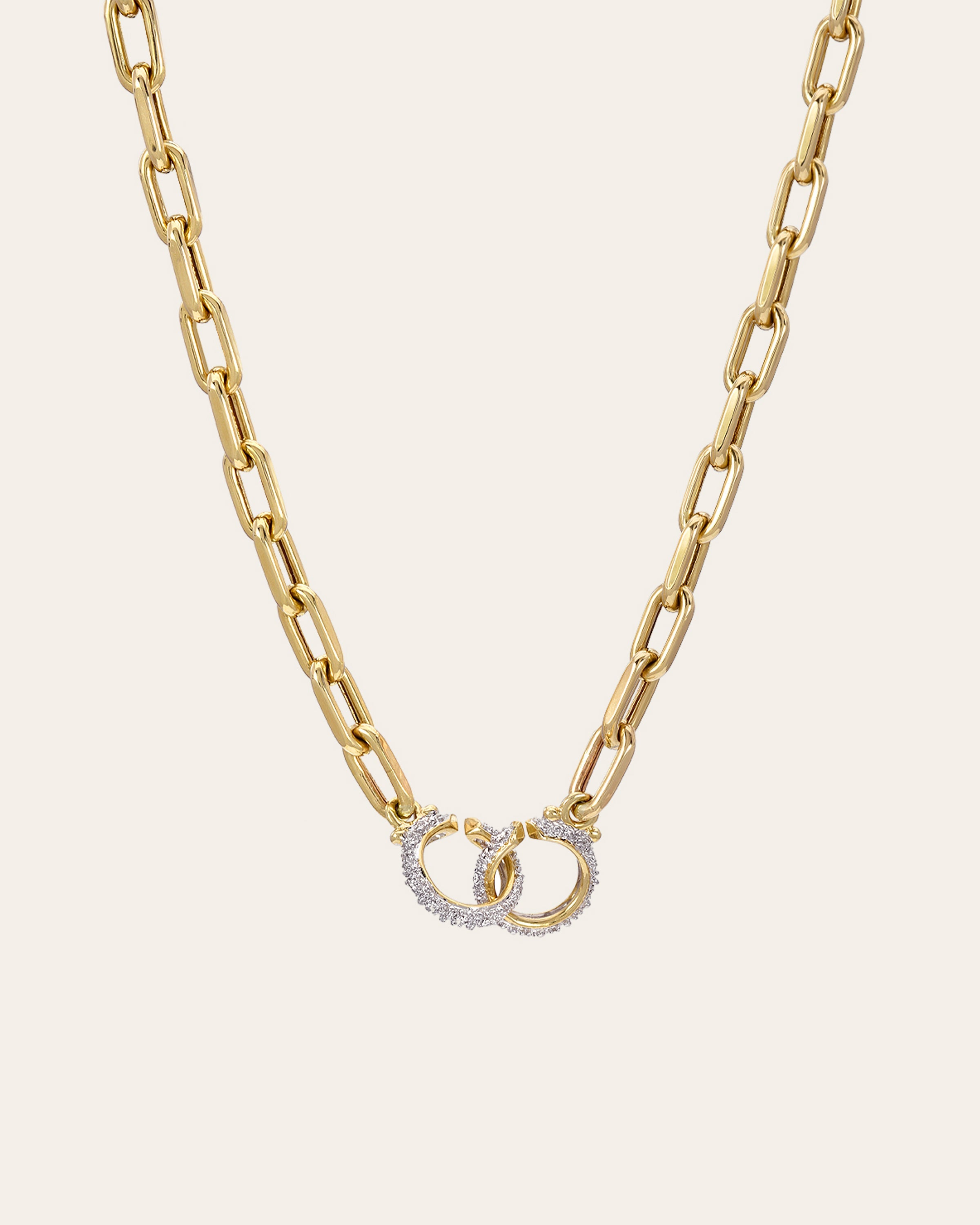 14k Gold Large Open Link Chain With Diamond Handcuffs Necklace