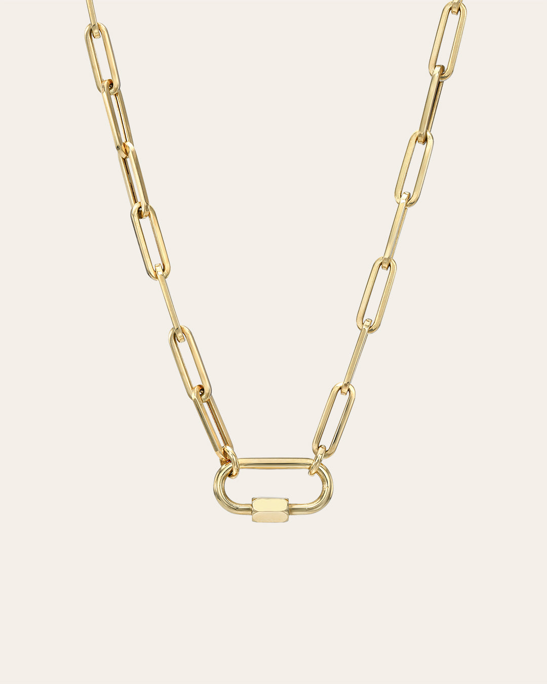 14k Gold Large Paper Clip Chain With Carabiner Necklace