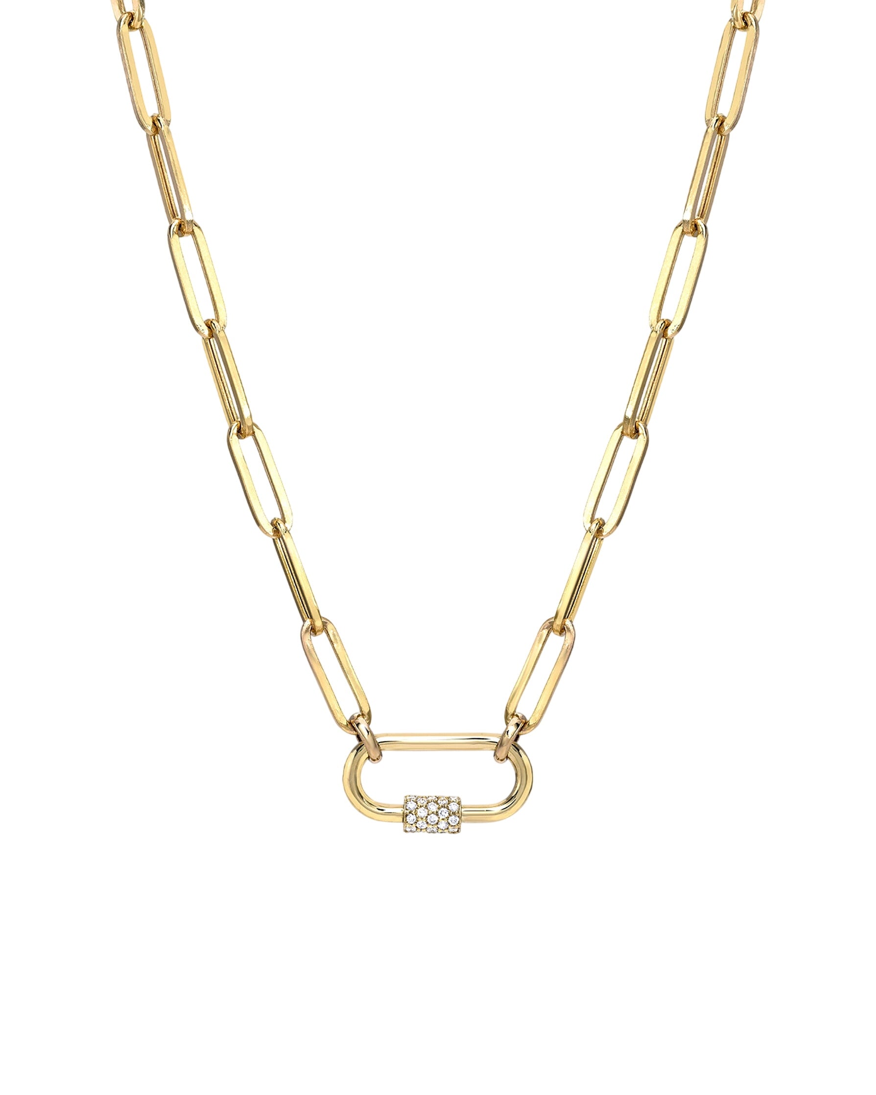 14k Gold Large Paper Clip Chain With Diamond Carabiner Necklace