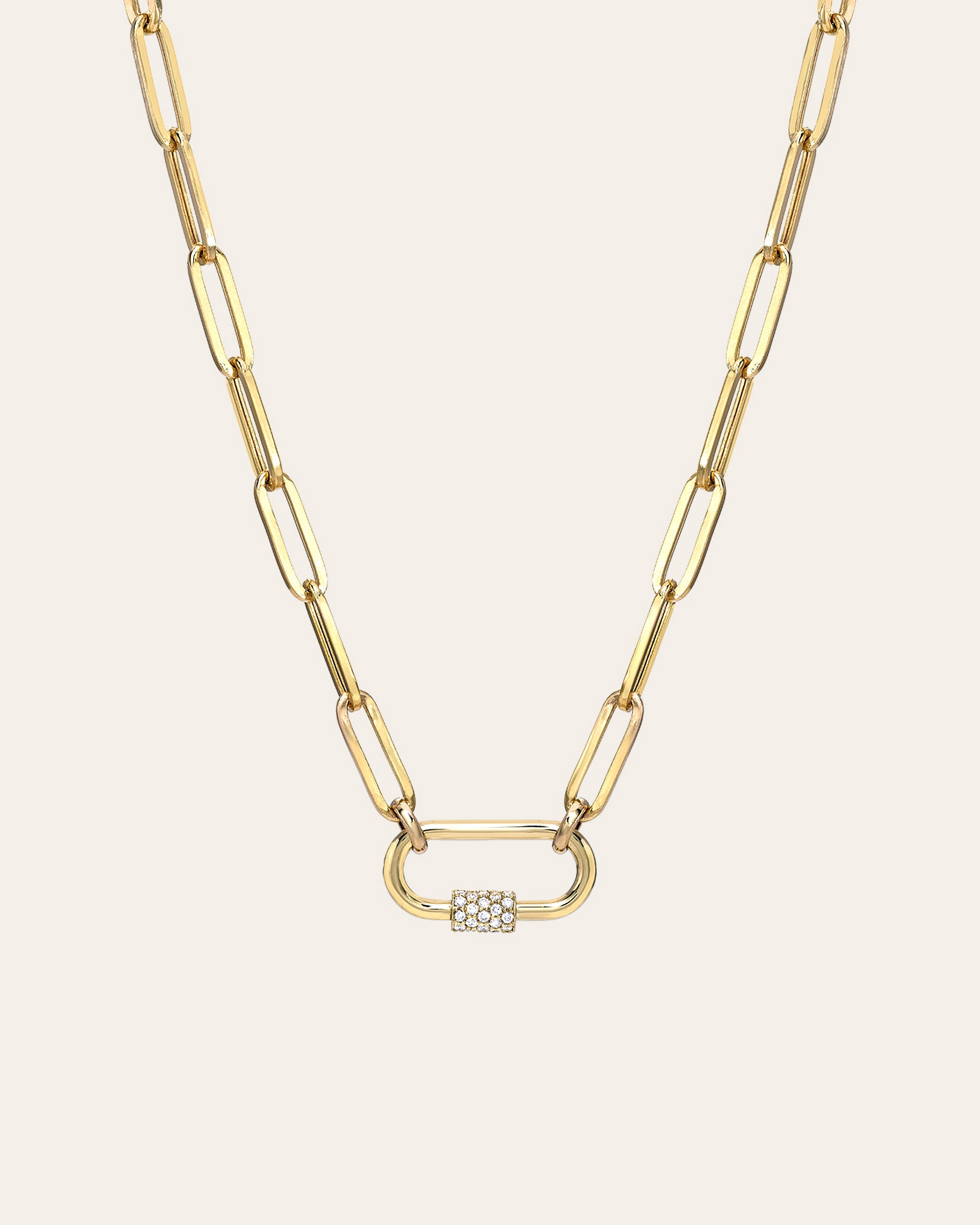 14k Gold Large Paper Clip Chain With Diamond Carabiner Necklace