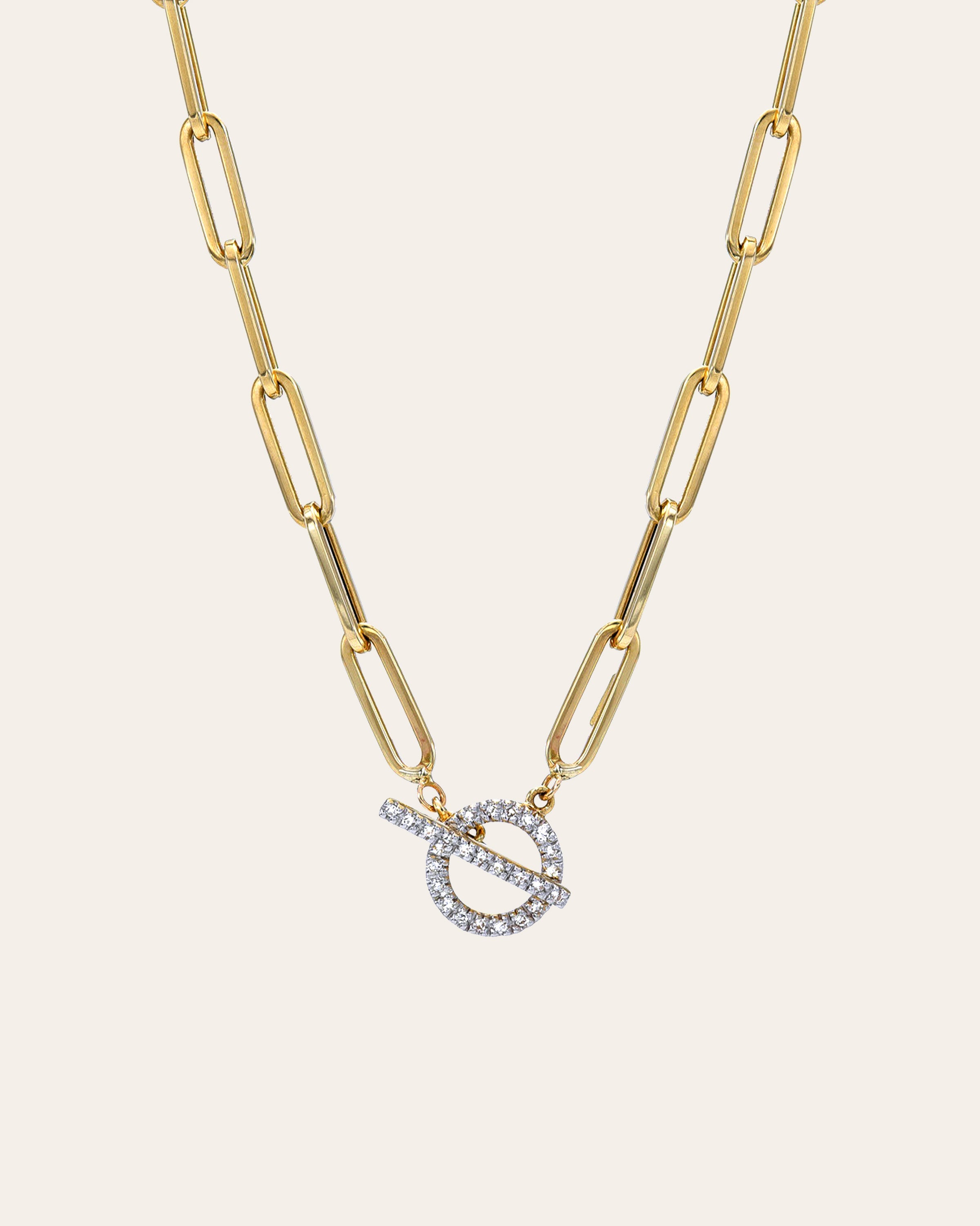 14k Gold Large Paper Clip Chain With Diamond Toggle Necklace