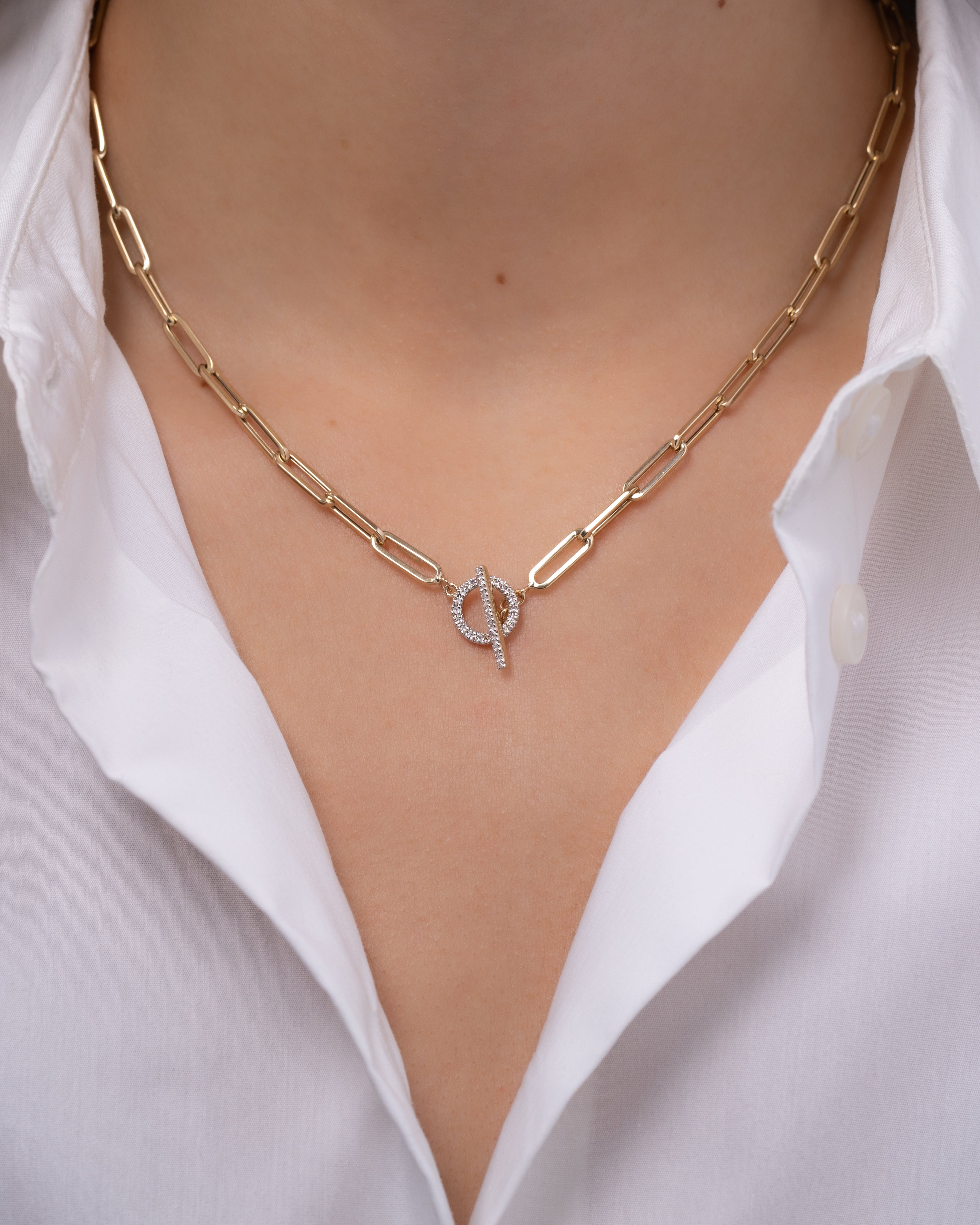 14k Gold Large Paper Clip Chain With Diamond Toggle Necklace