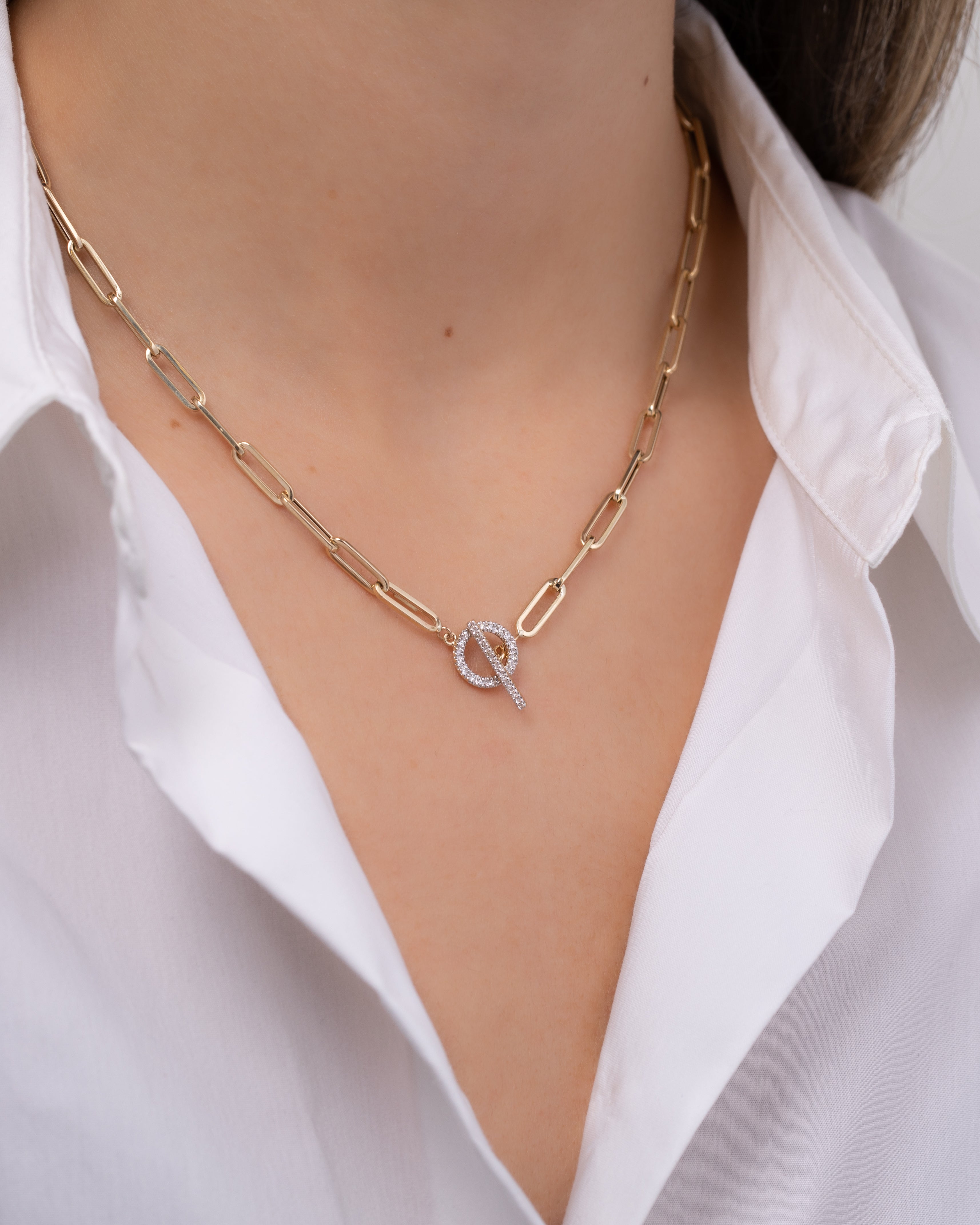 14k Gold Large Paper Clip Chain With Diamond Toggle Necklace