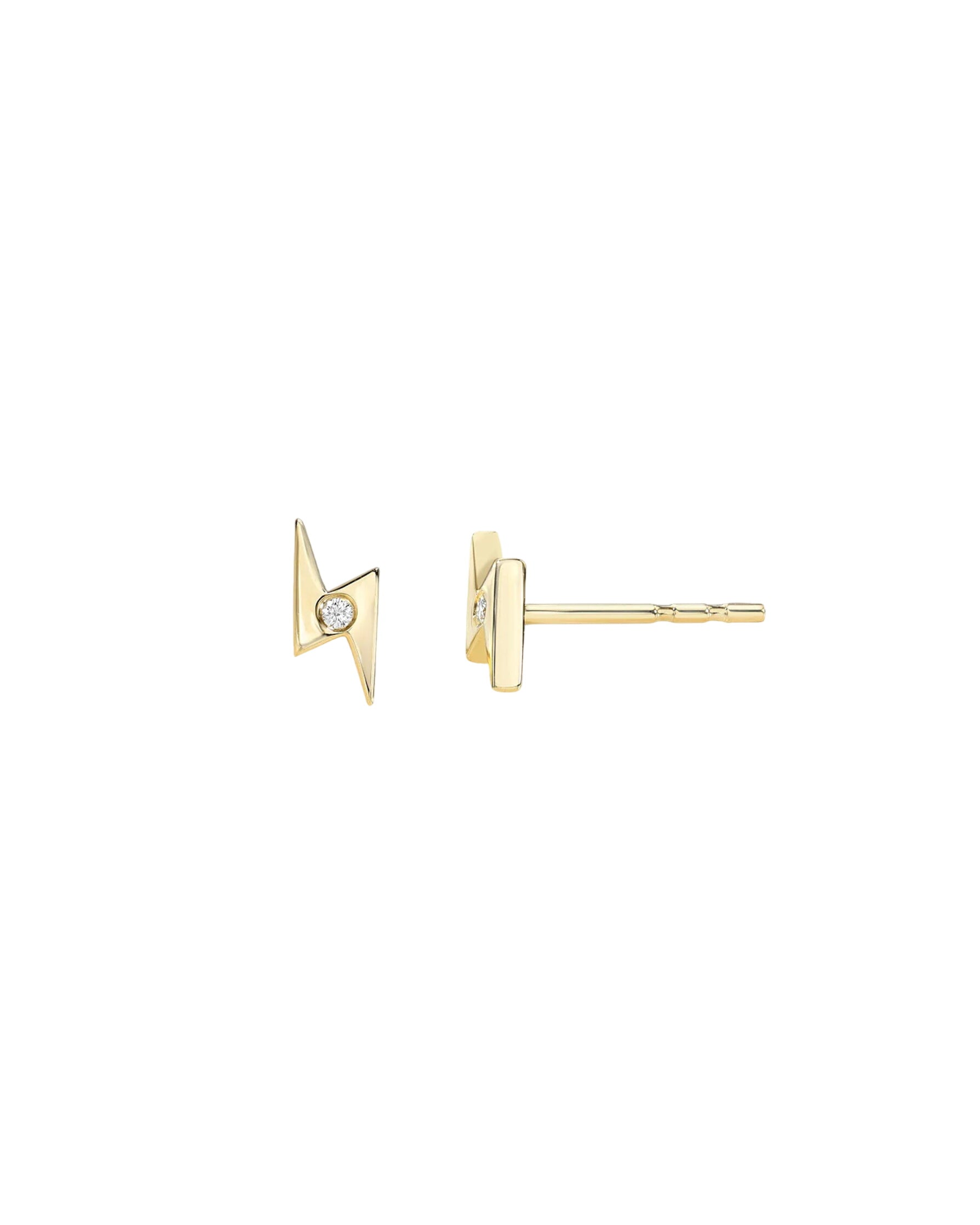 14k Gold Lightning Bolt Stud Earrings With Tiny Diamond